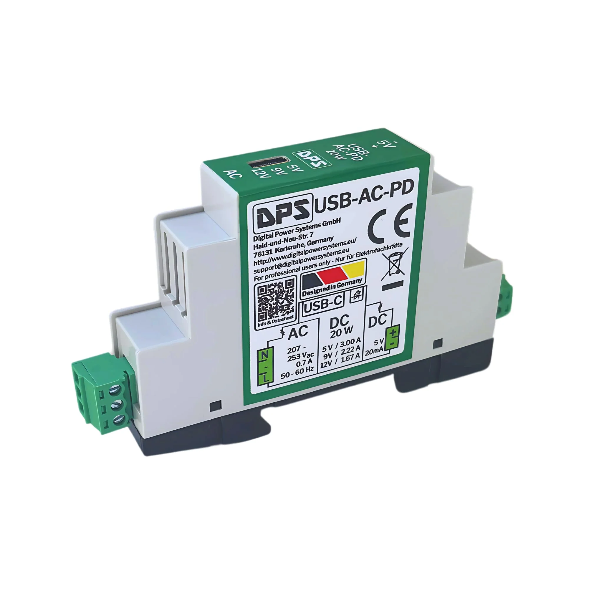 DPS DIN Rail Power Supply USB-C 230V AC, 20W Power Delivery - 5V/9V/12V - with Short Circuit & Surge Protection - Industrial Quality USB-C-AC-PD