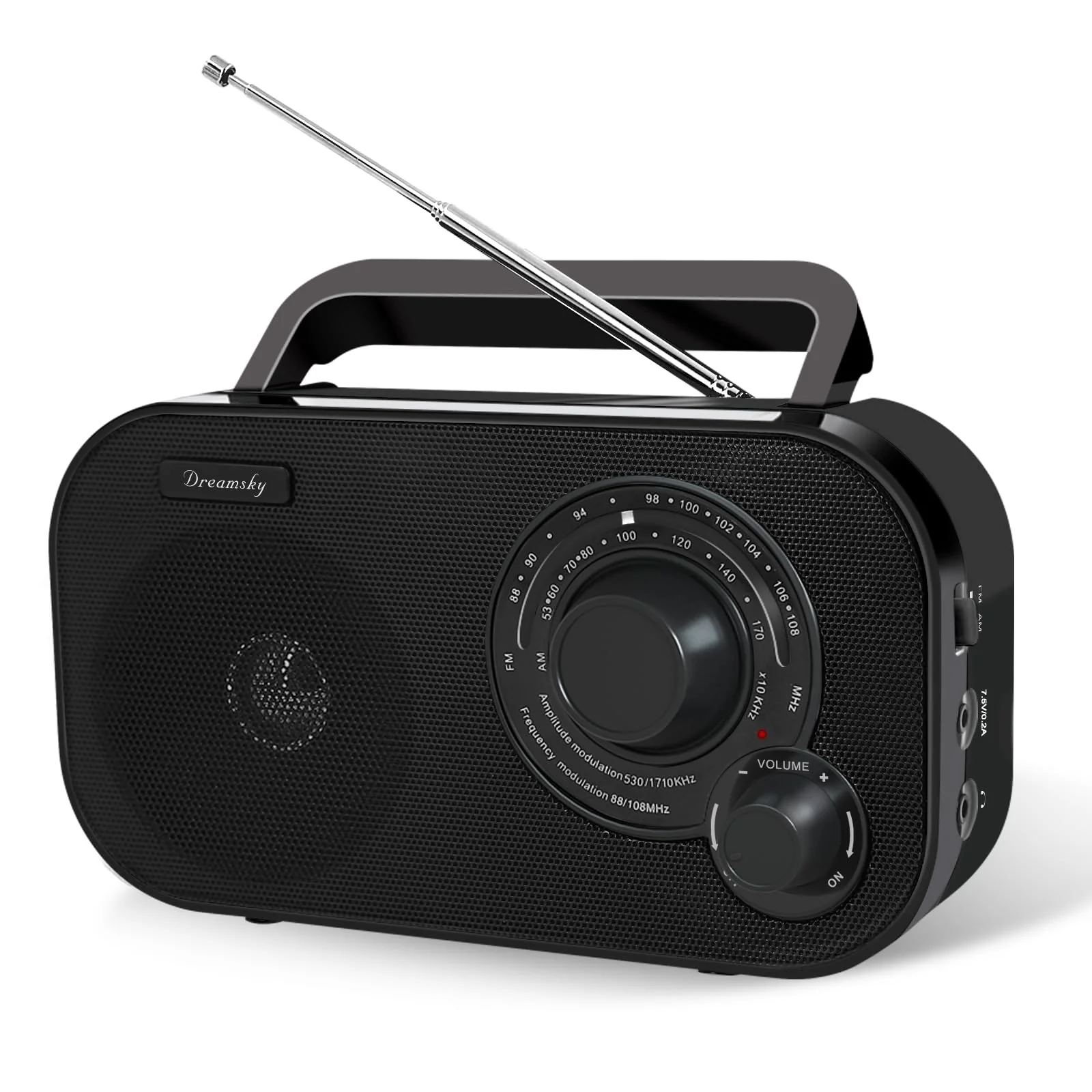 DreamSky AM FM Portable Radio Plug in Wall or Battery Operated for Home & Outdoor, Strong Reception, Large Dial Easy to Use, Transistor Antenna, Headphone Jack, Small Gifts for Seniors Elderly Black