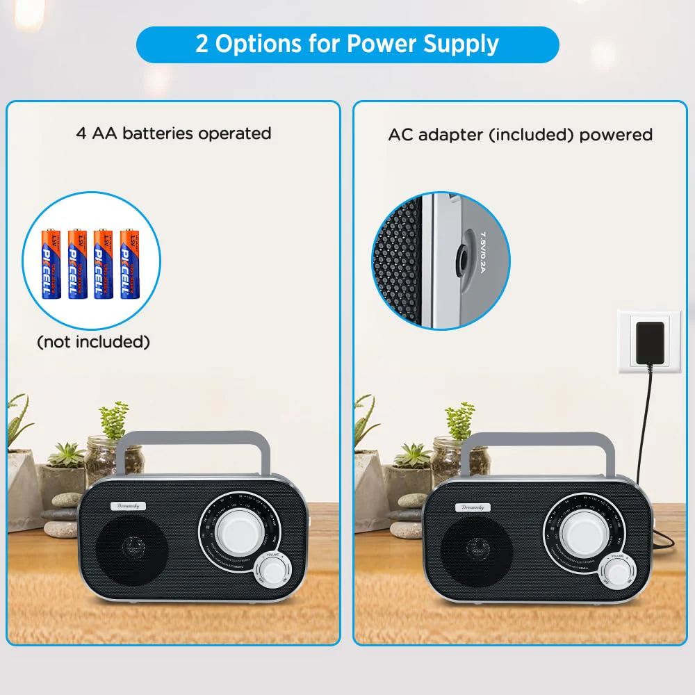 DreamSky AM FM Portable Radio Plug In Wall or Battery Operated for Home & Outdoor, Strong Reception & Sound, Large Dial Easy to Use, Transistor Antenna, Headphone Jack, Small Gifts for Seniors Elderly Grey - Image 2