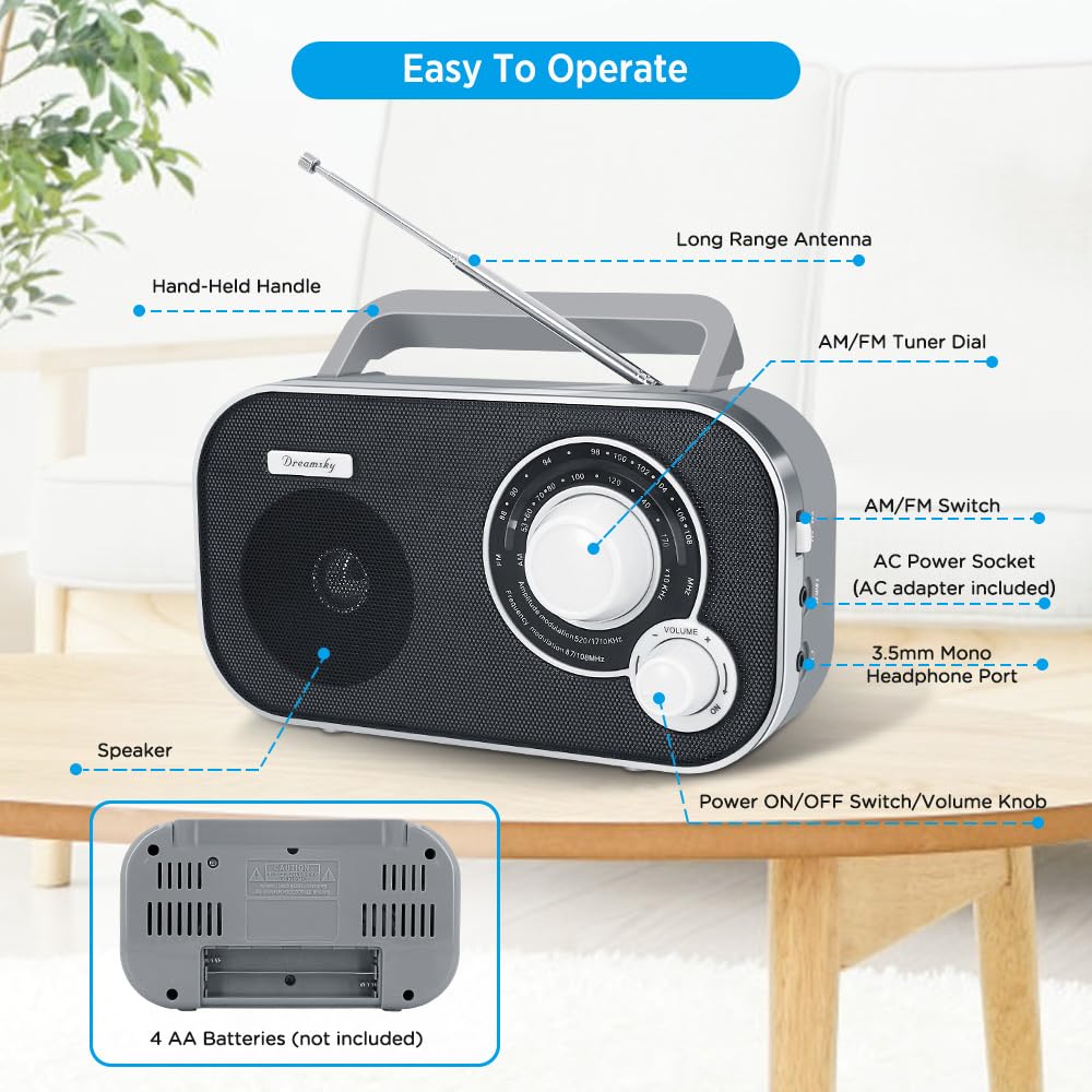DreamSky AM FM Portable Radio Plug In Wall or Battery Operated for Home & Outdoor, Strong Reception & Sound, Large Dial Easy to Use, Transistor Antenna, Headphone Jack, Small Gifts for Seniors Elderly Grey - Image 3