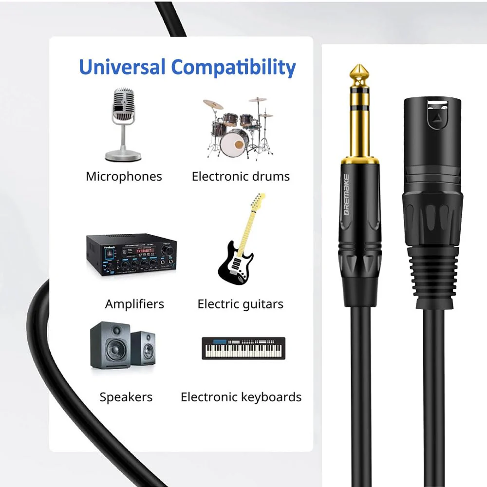 DREMAKE 50 FT 6.35 mm 1/4 Inch TRS Male to XLR Male Audio Stereo Mic Cable Gold Plated 1/4 Inch Male to XLR Male Balanced Cable for Microphones, Speakers, Stage, DJ and More - Black 50FT/15M - Image 7