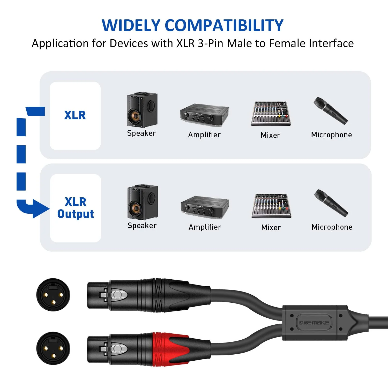 DREMAKE Balanced XLR Microphone Y Splitter Audio Cable, XLR Male to Dual XLR Female Y Cord, 3-Pin XLR Male to Double XLR Female Mic Adapter Converter Cable 6 Feet 2 Female to 1 Male XLR Plug - Image 5