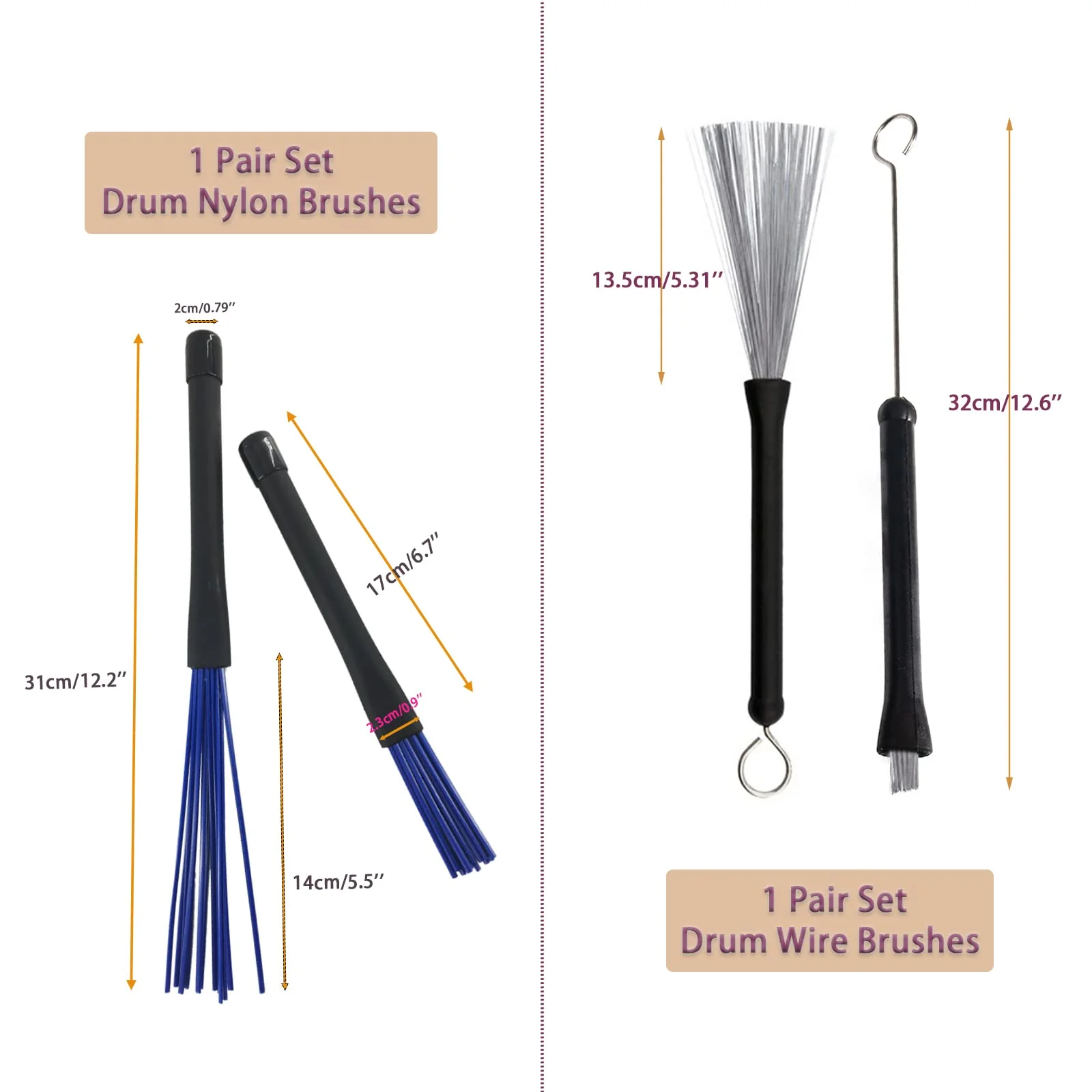 Drum Brushes Set 1 Pair Retractable Wire Brushes and 1 Pair Nylon Brushes Set with Rubber Handles for Cajon Jazz Percussion Accessories - Image 2