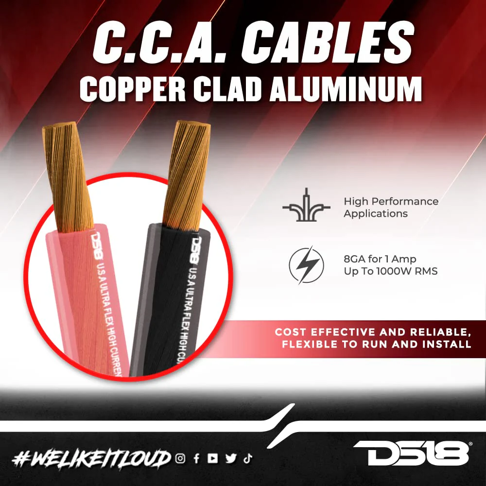 DS18 PW-8GA-5BK/20RD Ultra Flex Power Wire CCA 8 Gauge, 5ft Black and 20ft Red - Power Amplifier Wiring Kit - Image 2