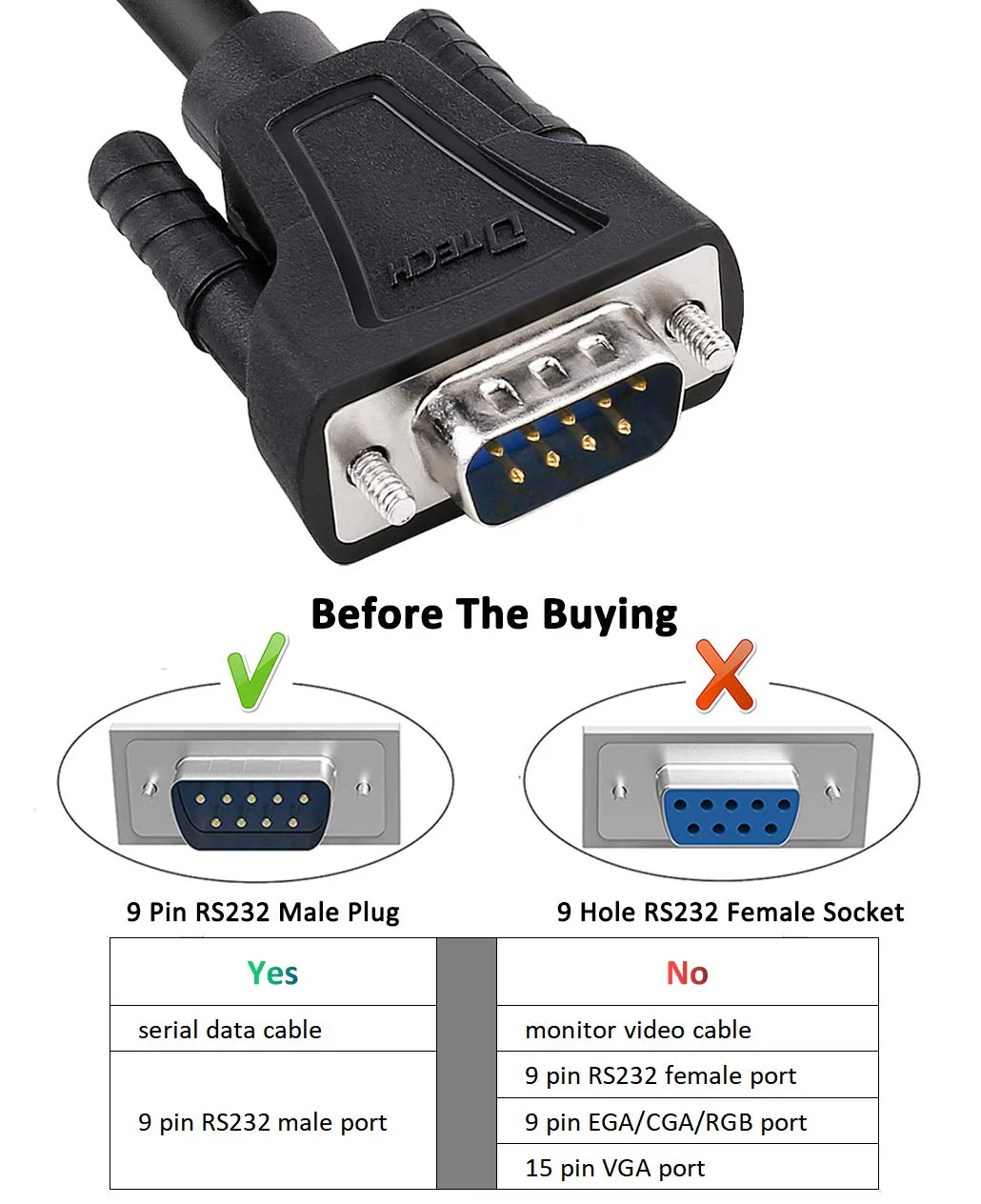 DTech 15ft DB9 RS232 Serial Cable Male to Male Null Modem Cord Full Handshaking 7 Wire Crossover for Data Communication Compatible with Computer Network Switch Router (15 Feet, Black) - Image 4