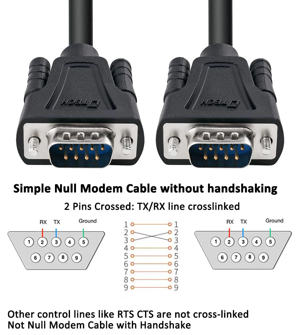 DTech 6ft DB9 to DB9 RS232 Serial Cable Male to Male Simple Null Modem Cord Cross TX RX line 2 Pin Crossed Without Handshake for Computer Data Communication (6 Feet, Black) - Image 2