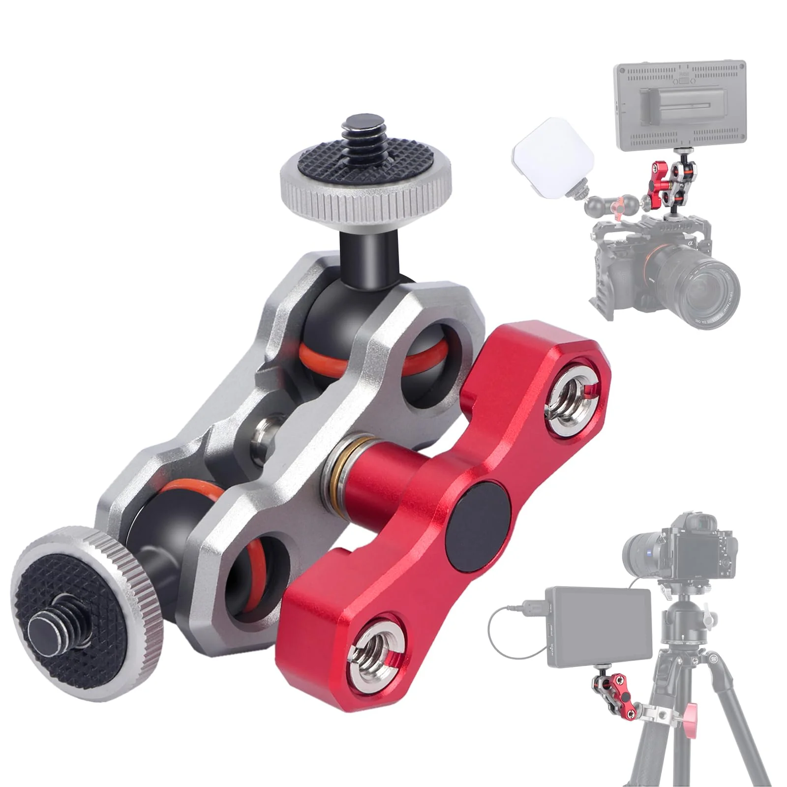 Dual Ball Head Camera Mount with 360 Degree Adjustment - Aluminum Alloy Clamp for Insta360/GoPr0/Camera Cage/LED Light/Microphone - 1/4" & 3/8" Screw Holes with Anti-Slip Design 61013