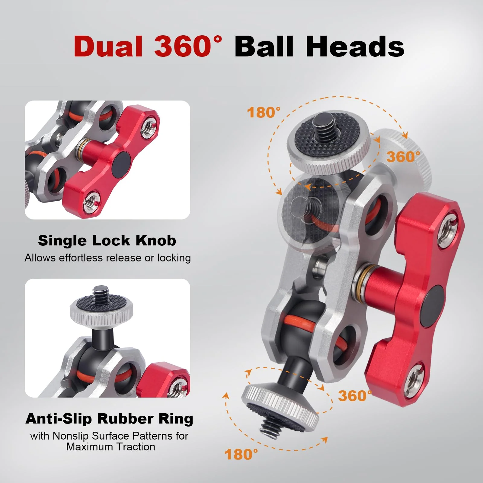 Dual Ball Head Camera Mount with 360 Degree Adjustment - Aluminum Alloy Clamp for Insta360/GoPr0/Camera Cage/LED Light/Microphone - 1/4" & 3/8" Screw Holes with Anti-Slip Design 61013 - Image 2