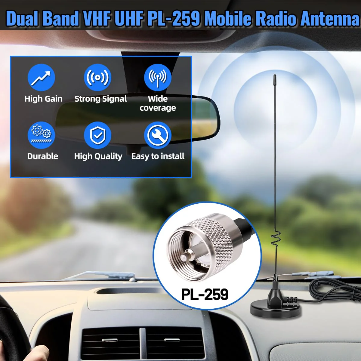 Dual Band Mobile Radio Magnetic Base Heavy Duty Mount Whip Antenna Kit with PL-259 Connector,16.4ft RG58 Cable Compatible for VHF UHF GMRS Car Truck Handheld Ham Radio Two Way Radios Antennas - Image 2