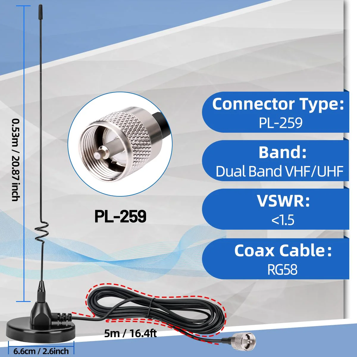 Dual Band Mobile Radio Magnetic Base Heavy Duty Mount Whip Antenna Kit with PL-259 Connector,16.4ft RG58 Cable Compatible for VHF UHF GMRS Car Truck Handheld Ham Radio Two Way Radios Antennas - Image 3