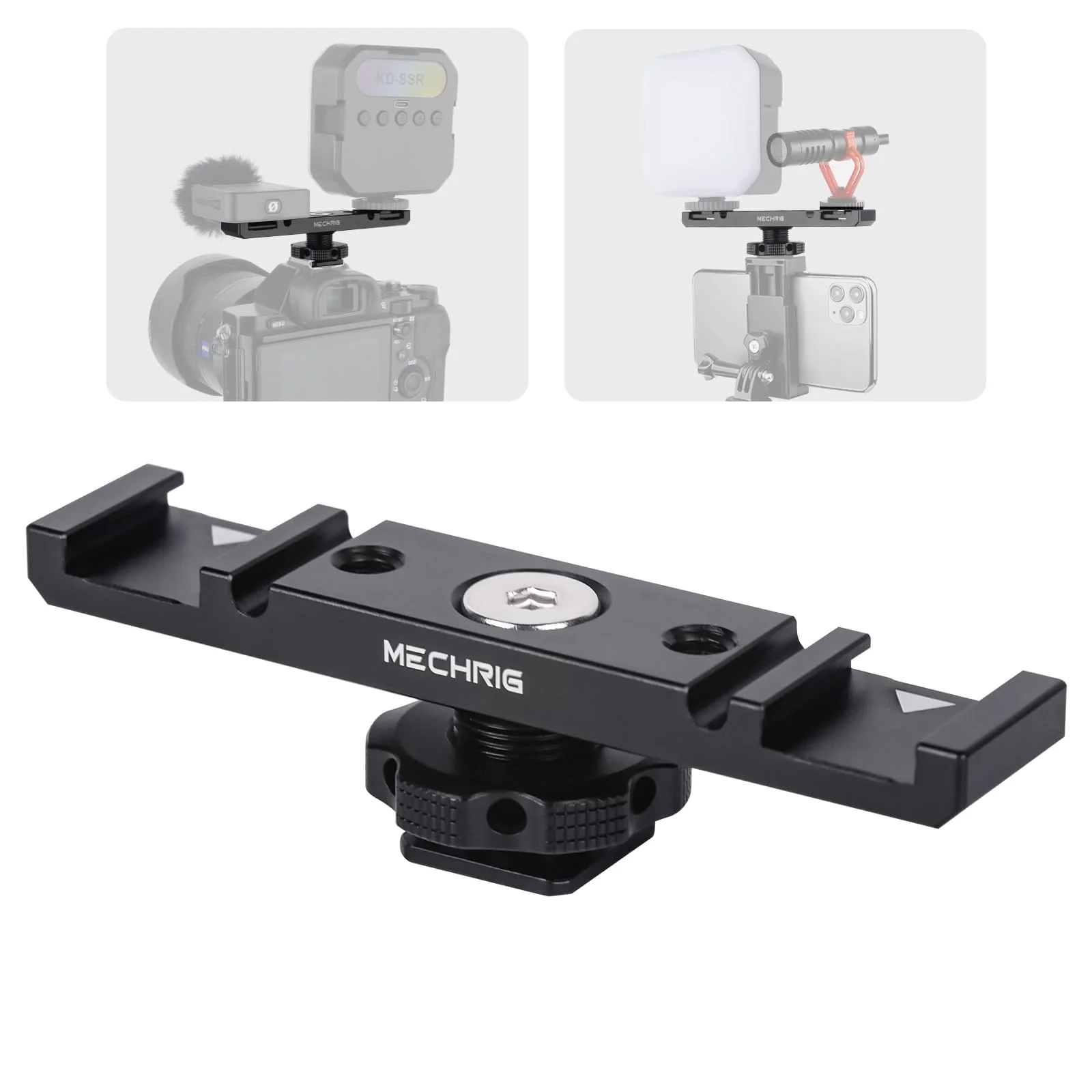 Dual Cold Shoe Extension Bar Mount, Aluminum Dual Hot Shoe Mount Bracket with 1/4" Thread & Cable Slot, Cold Shoe Bracket for DSLR Camera LED Video Light Microphone Monitor (62034)