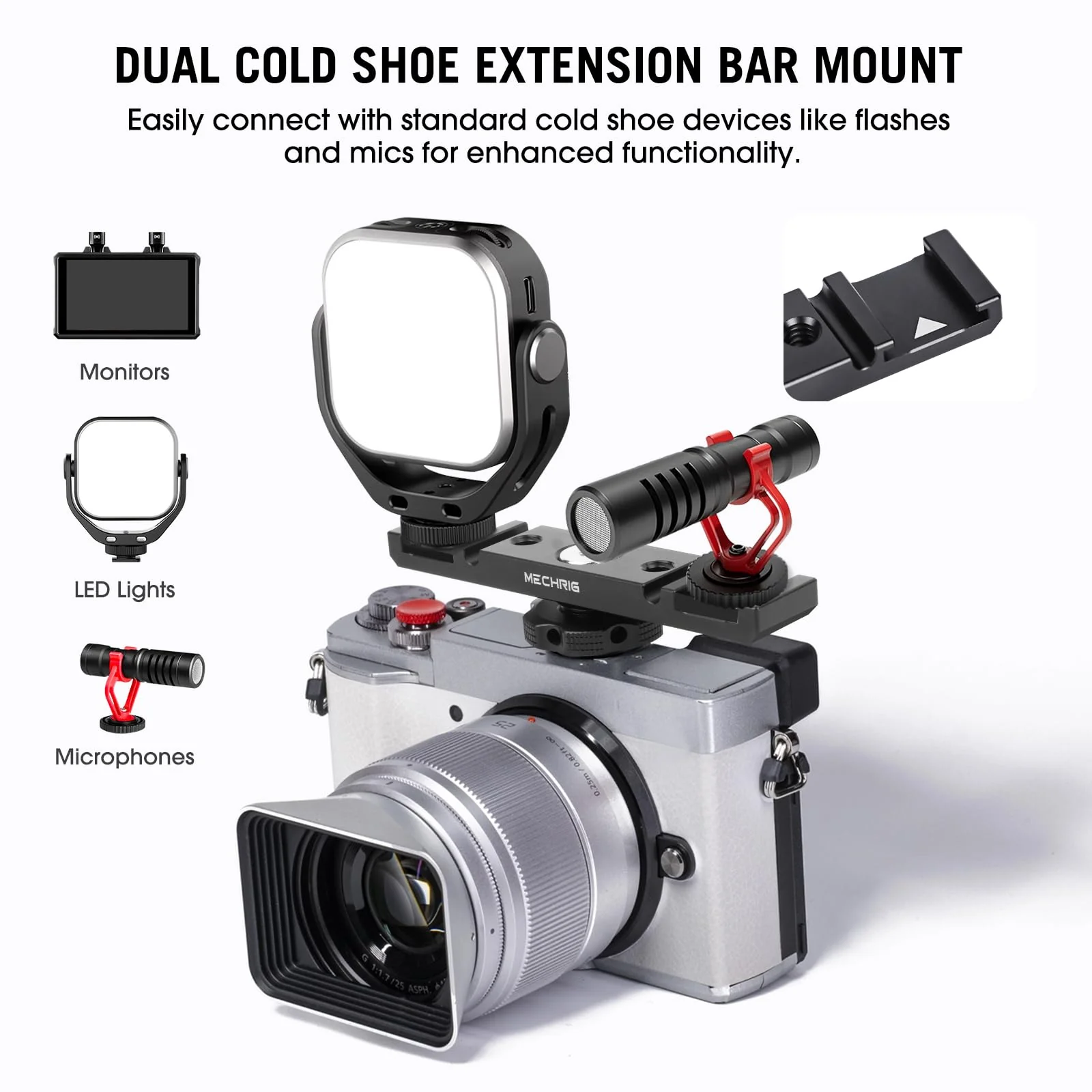 Dual Cold Shoe Extension Bar Mount, Aluminum Dual Hot Shoe Mount Bracket with 1/4" Thread & Cable Slot, Cold Shoe Bracket for DSLR Camera LED Video Light Microphone Monitor (62034) - Image 2