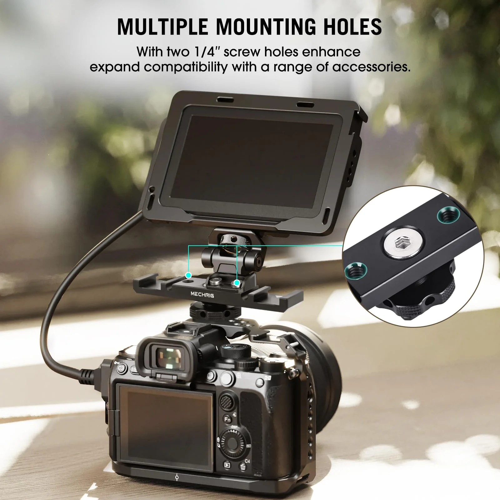 Dual Cold Shoe Extension Bar Mount, Aluminum Dual Hot Shoe Mount Bracket with 1/4" Thread & Cable Slot, Cold Shoe Bracket for DSLR Camera LED Video Light Microphone Monitor (62034) - Image 3