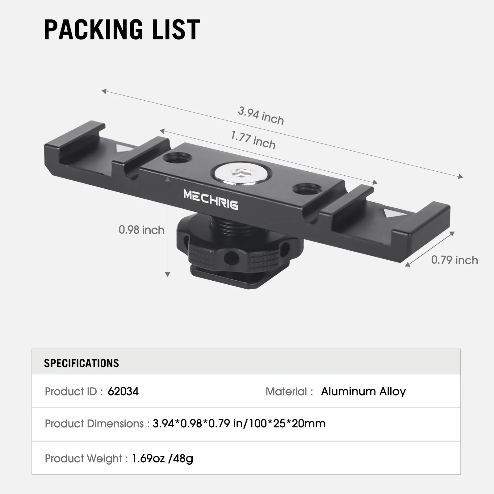 Dual Cold Shoe Extension Bar Mount, Aluminum Dual Hot Shoe Mount Bracket with 1/4" Thread & Cable Slot, Cold Shoe Bracket for DSLR Camera LED Video Light Microphone Monitor (62034) - Image 9