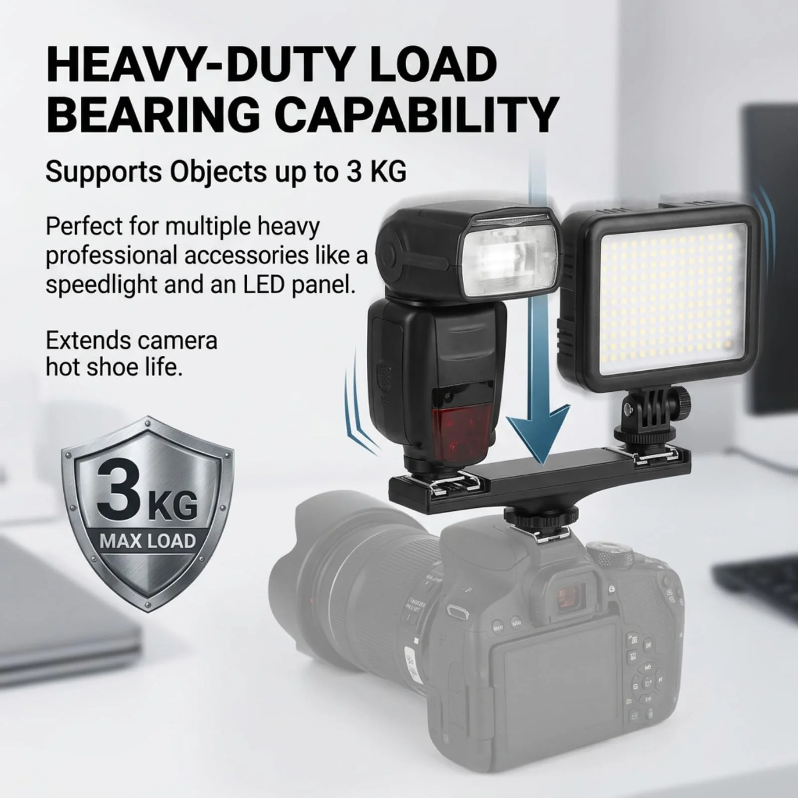 Dual Hot Shoe Splitter Camera Shoe Mounts, Dual Hot Shoe Flash Speedlite Light Bracket for SLR Camera Camcorder, Extension Bar Mount Cold Shoe Extension Bracket (for Canon) For Canon - Image 2