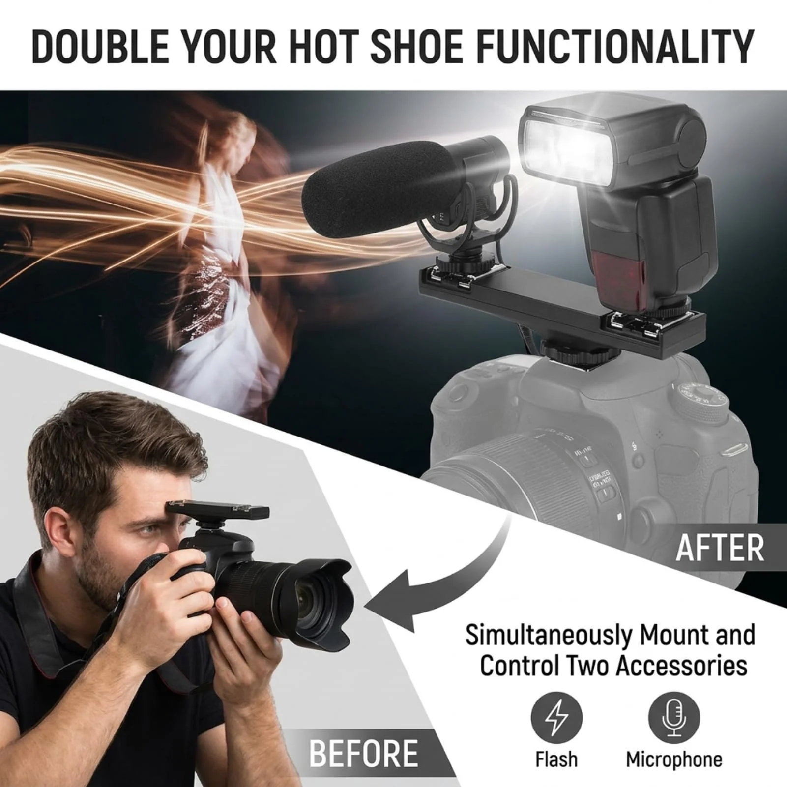 Dual Hot Shoe Splitter Camera Shoe Mounts, Dual Hot Shoe Flash Speedlite Light Bracket for SLR Camera Camcorder, Extension Bar Mount Cold Shoe Extension Bracket (for Canon) For Canon - Image 7