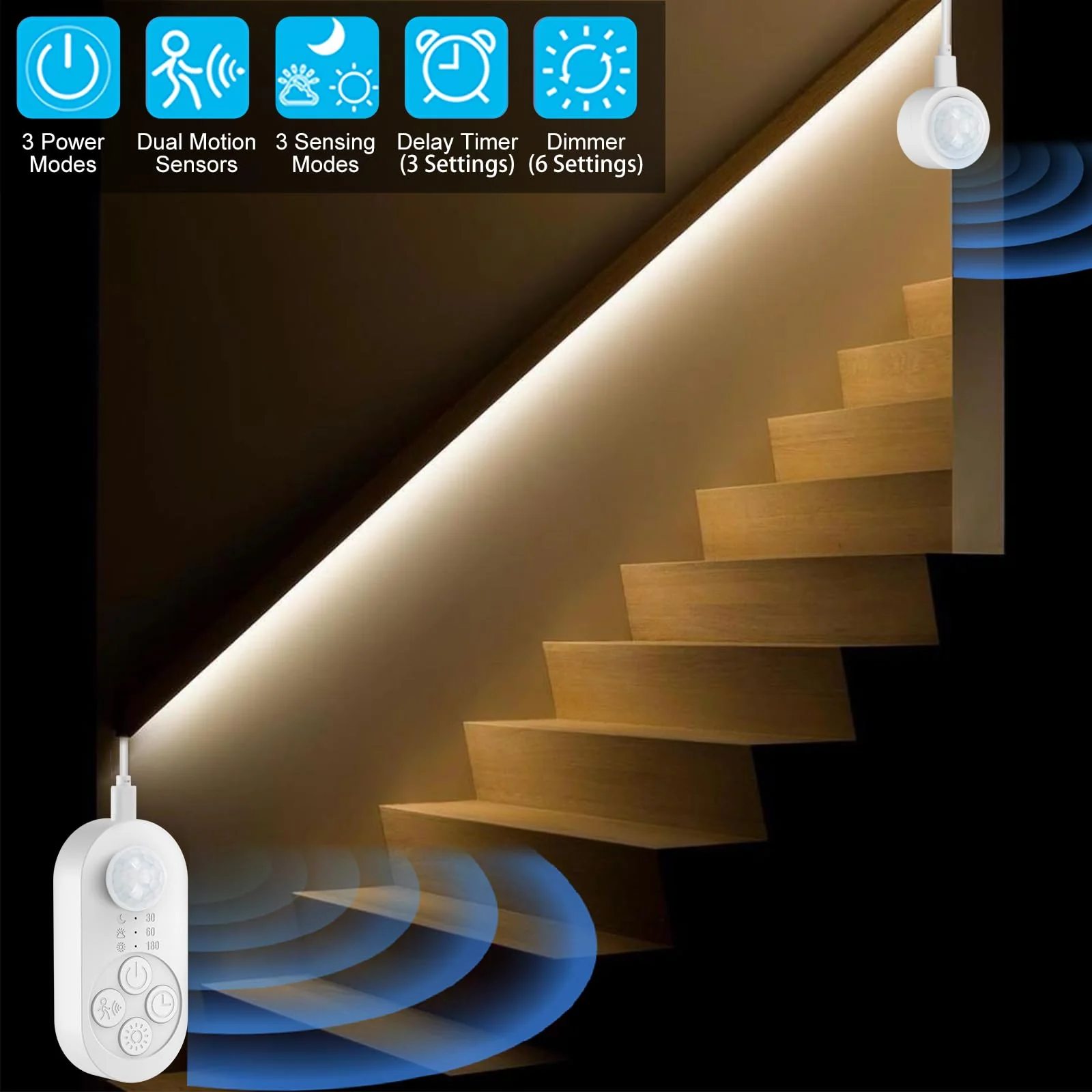 Dual Motion Sensor Light Indoor - Plug-in Adjustable LED Step Stair Light Strip with Double Sensor Detection, Timer & Dimmer for Staircase, Hallway, Bedroom (16.4FT 3000K Warm White) Power Adapter + 16.4FT DC Cable Warm White 3000K (16.4FT Light Strip) - Image 2