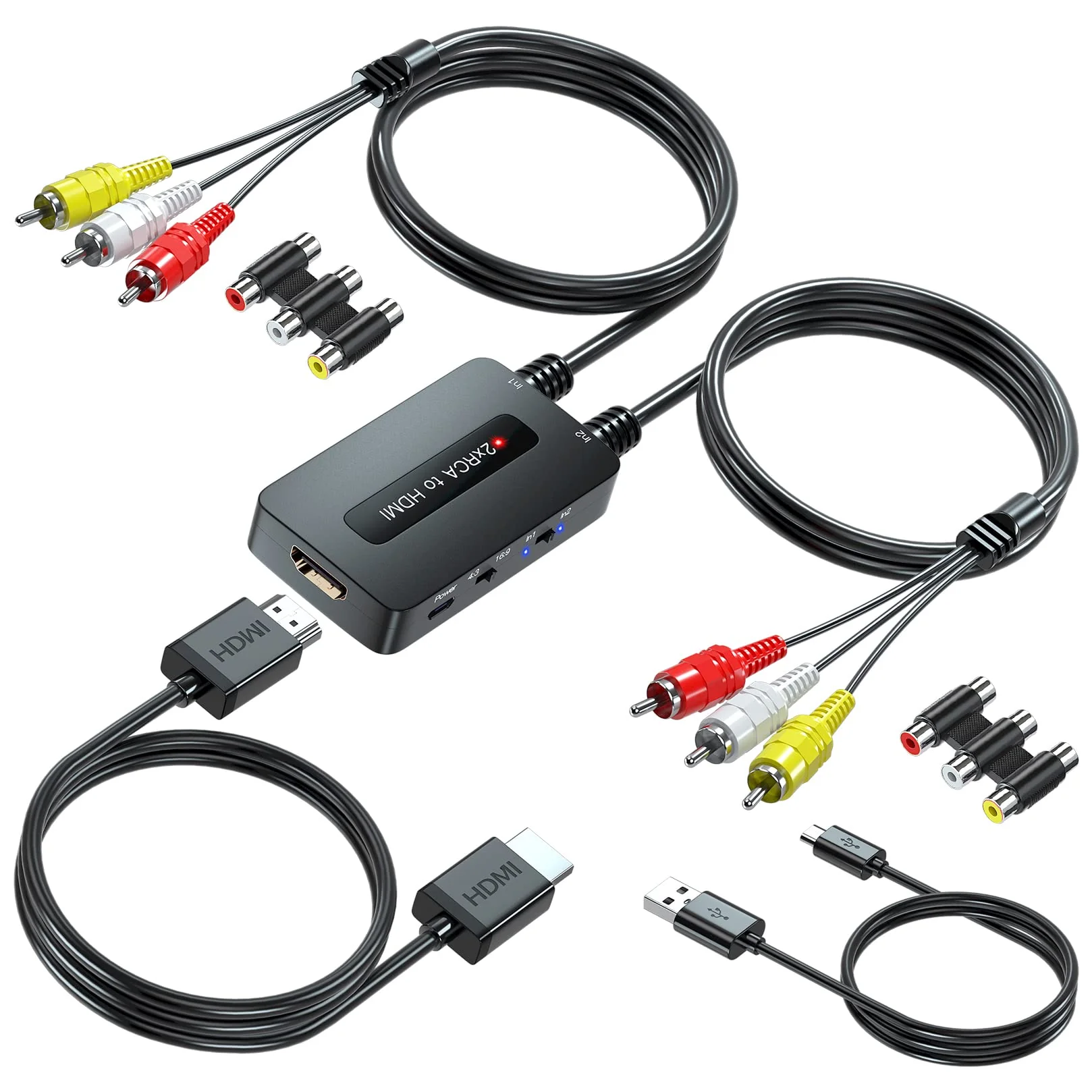 Dual Port RCA to HDMI, Double Composite AV to HDMI Converter, Two RCA in One HD Out Converter for N64/Wii/PS2/DVD/VHS to Display On Newer TVs