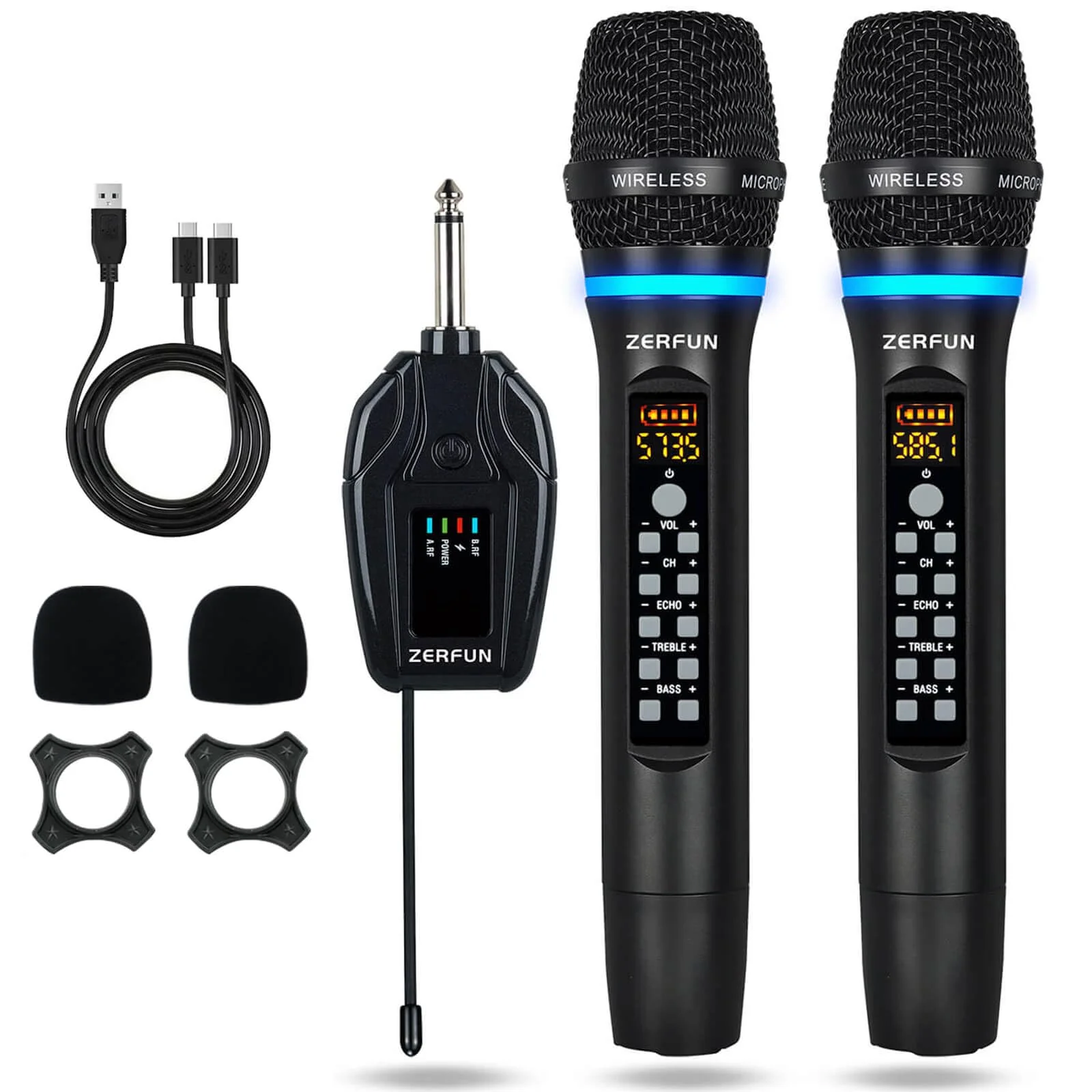 Dual Wireless Microphones Rechargeable, UHF Metal Wireless Mic System Cordless Microphone Professional with Echo Treble BASS VOL Channel Control for Karaoke Singing Church Events WM-2 A