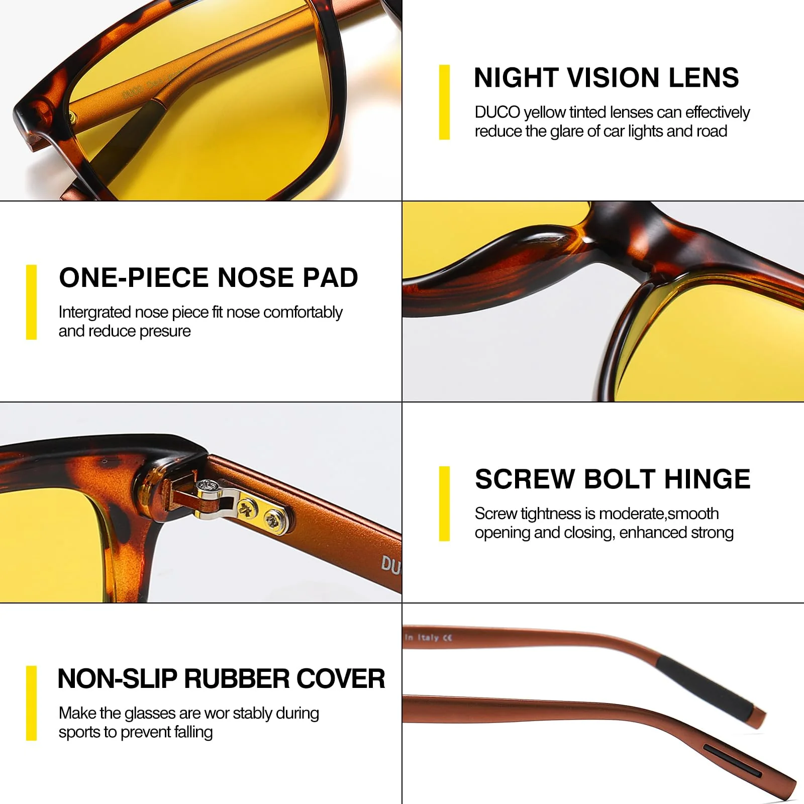 DUCO Polarized Night Vision Glasses for Men and Women Yellow Safety Driving Glasses with UV Protection and Anti Glare A04-tortoise Frame Night Vision Lens - Image 4