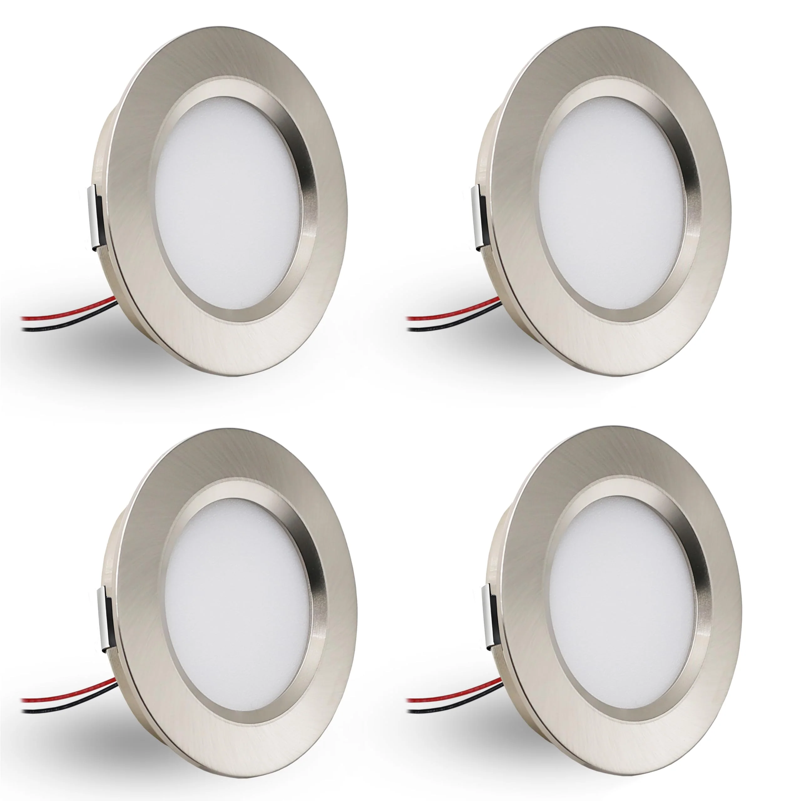 DYKUWEY Set of 4 LED Recessed Spotlights, 12 V, 3 W, Recessed Spotlights, LED Flat Hole 55-58 mm and 14 mm Flat, LED Spot 12 V IP44 Dimmable Ceiling Spotlight, Furniture Recessed Spotlights (Nickel Nickel Warm White 3000 K