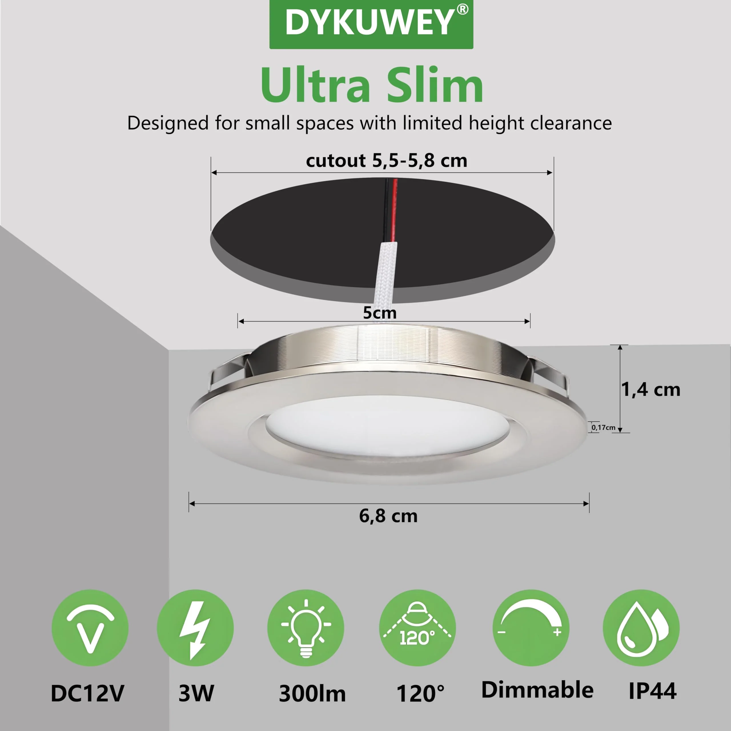DYKUWEY Set of 4 LED Recessed Spotlights, 12 V, 3 W, Recessed Spotlights, LED Flat Hole 55-58 mm and 14 mm Flat, LED Spot 12 V IP44 Dimmable Ceiling Spotlight, Furniture Recessed Spotlights (Nickel Nickel Warm White 3000 K - Image 2