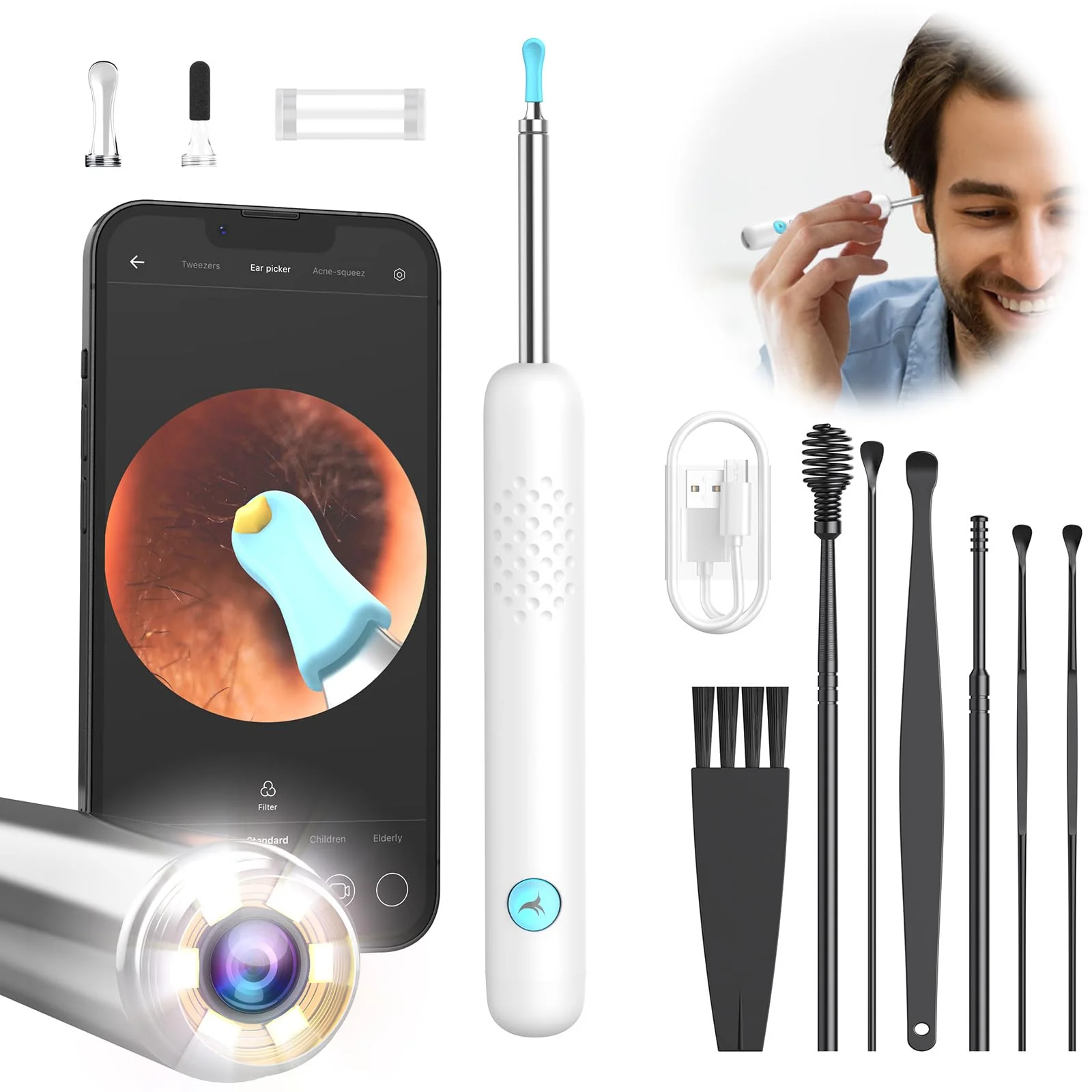 Ear Wax Remover Otoscope: 1080P WiFi Ear Cleaner Camera, IP67 Waterproof Ear Cleaner, 360° Wide Angle Ear Cleaning Camera, 3.5 mm Lens Ear Endoscope with 6 LEDs for iPhone, iPad and Android