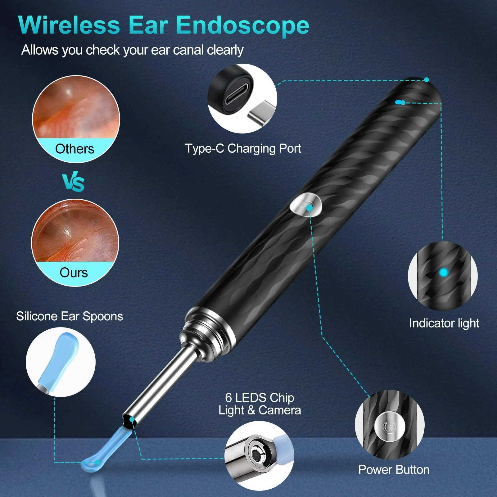 Ear Wax Remover Otoscope, 1080P WiFi Ear Cleaner Camera, IP67 Waterproof Ear Mirror 360° Wide Angle Ear Cleaner Otoscope Ear with 3.5 mm Lens and 6 LEDs for iPhone, iPad and Android, Smartphones - Image 3