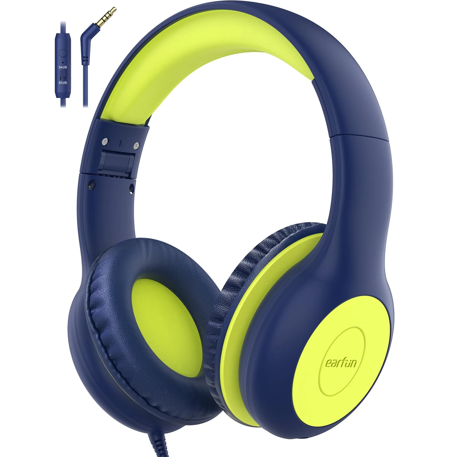 EarFun Kids Headphones Wired with Microphone, 85/94dB Volume Limit Headphones for Kids, Portable Wired Headphone with Shareport, Stereo Sound Foldable Headset for School/Tablet/iPad, Blue Lemon Plug 3.5mm
