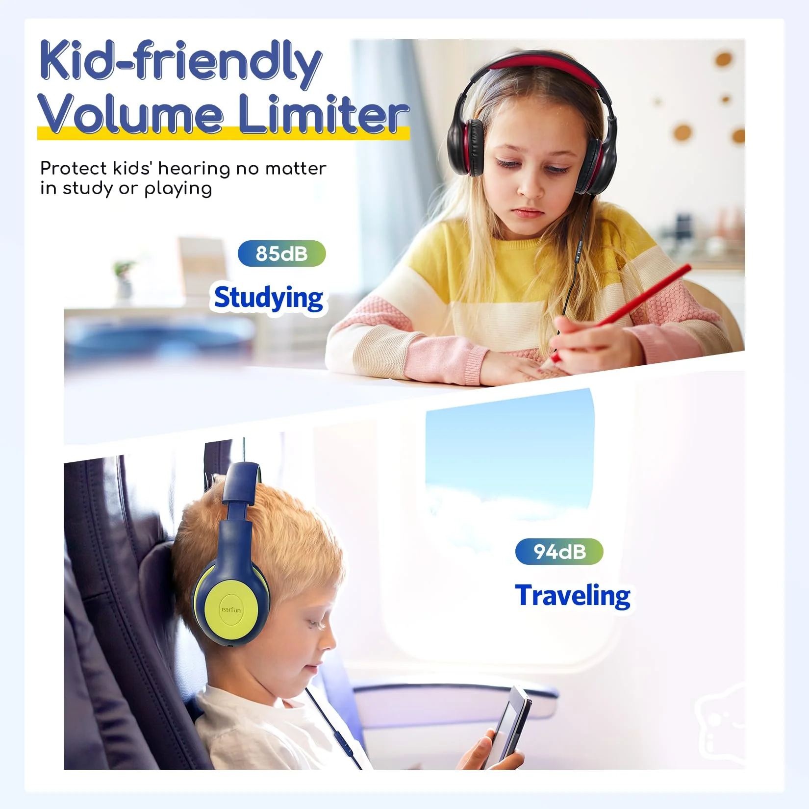 EarFun Kids Headphones Wired with Microphone, 85/94dB Volume Limit Headphones for Kids, Portable Wired Headphone with Shareport, Stereo Sound Foldable Headset for School/Tablet/iPad, Blue Lemon Plug 3.5mm - Image 5
