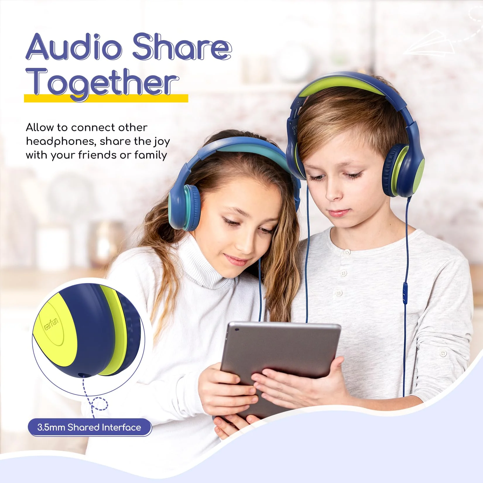EarFun Kids Headphones Wired with Microphone, 85/94dB Volume Limit Headphones for Kids, Portable Wired Headphone with Shareport, Stereo Sound Foldable Headset for School/Tablet/iPad, Blue Lemon Plug 3.5mm - Image 6