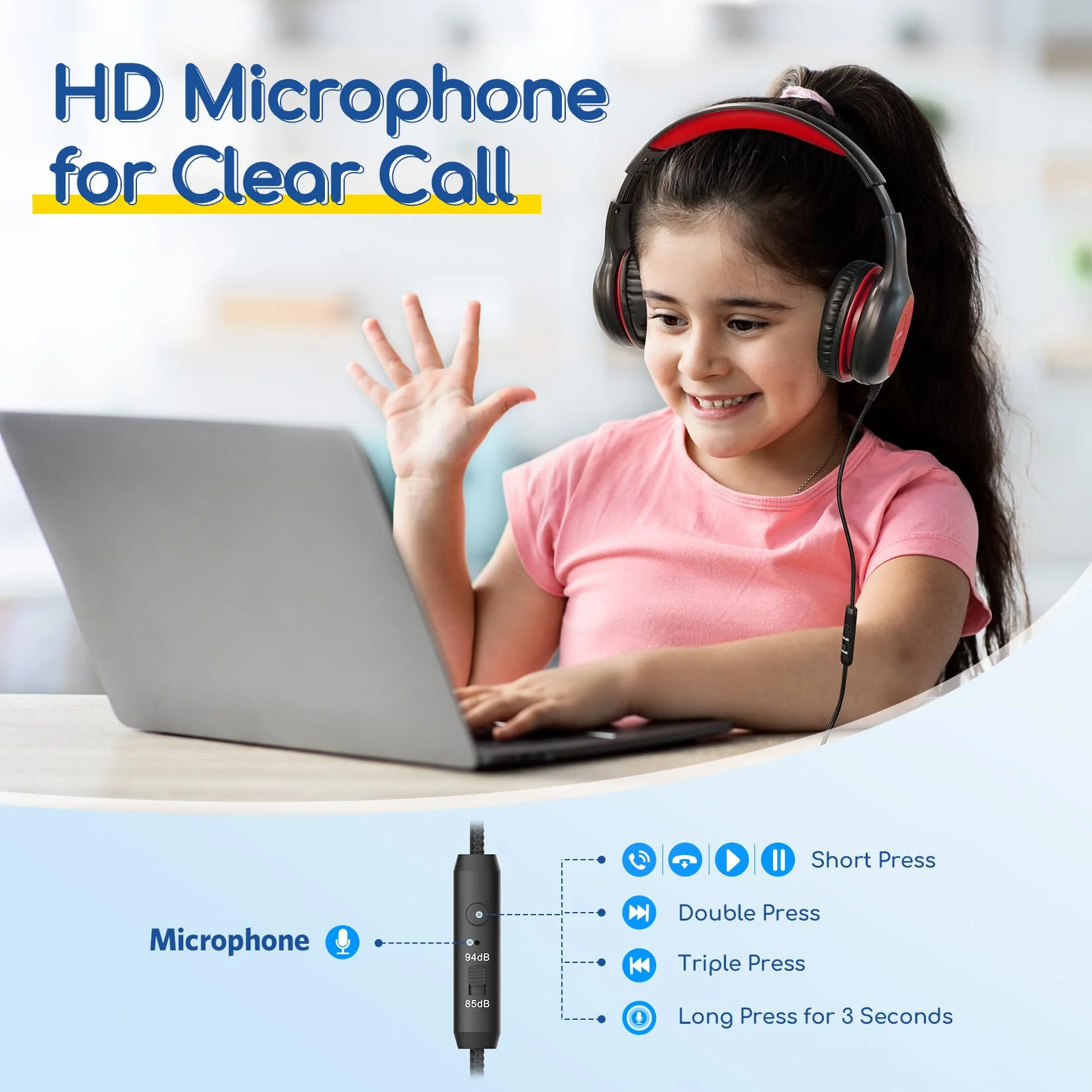 EarFun Kids Headphones Wired with Microphone, 85/94dB Volume Limit Portable Headphones for Kids with Shareport, Stereo Sound Foldable Headset for School/Tablet/iPad/Kindle, Black Red Plug 3.5mm - Image 2