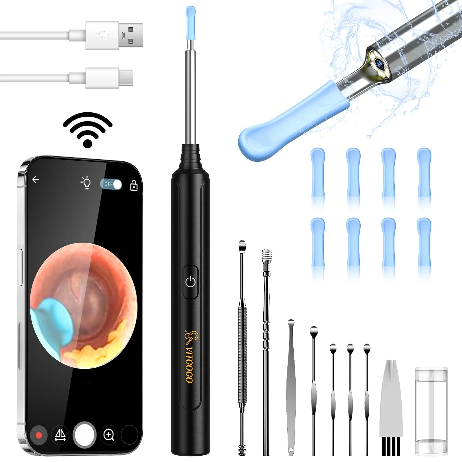 Earwax Remover Otoscope, VITCOCO WiFi Ear Cleaner Camera 5MP HD Ear Camera IP67 Waterproof Ear Mirror 3.5 mm Lens Ear Endoscope with 6 LEDs for iPhone, iPad and Android Smartphones (Black) Black
