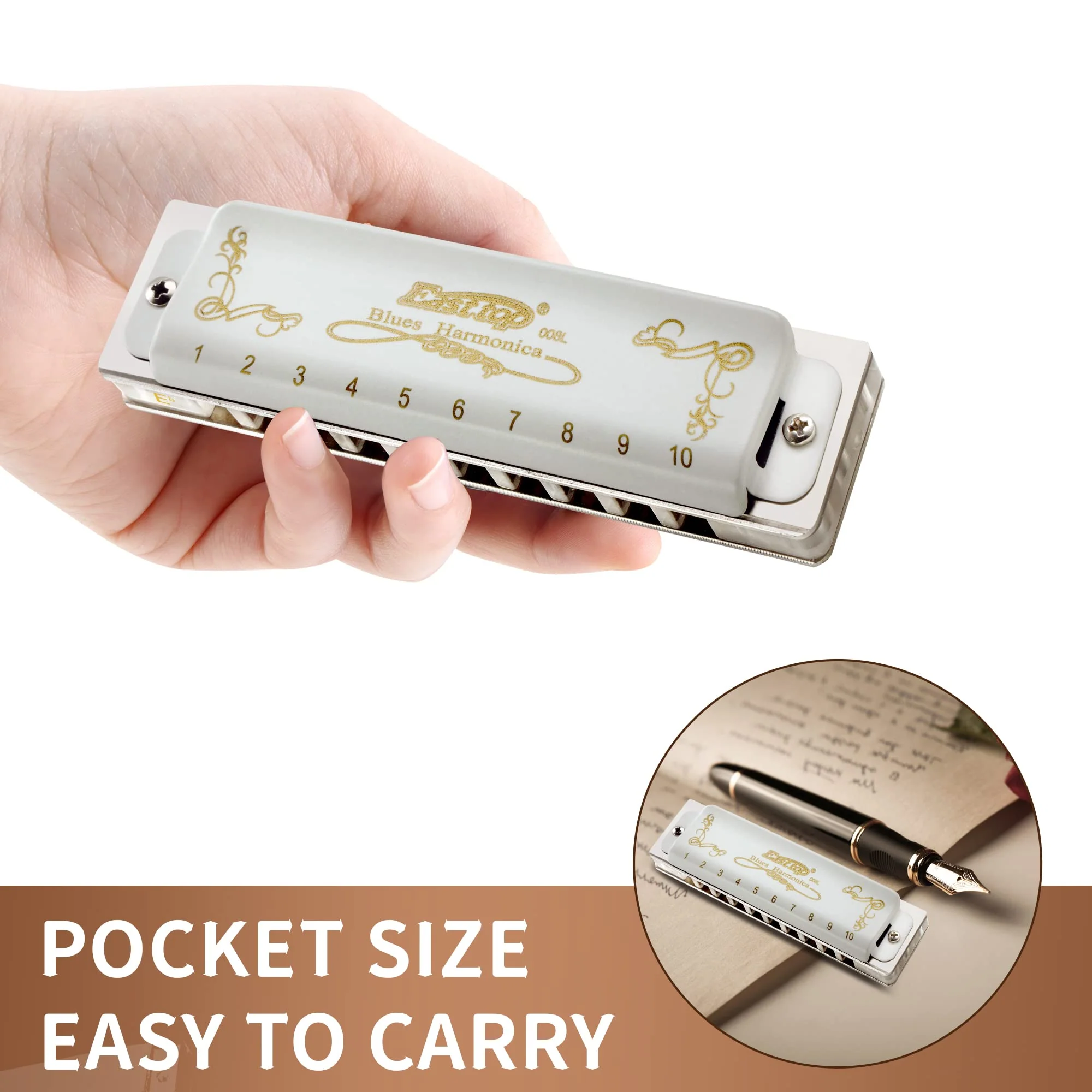 East top 10 Hole 20 Tone Diatonic Blues Harmonica, Key of Eb, White, Professional, Brass & Acrylic - Image 5