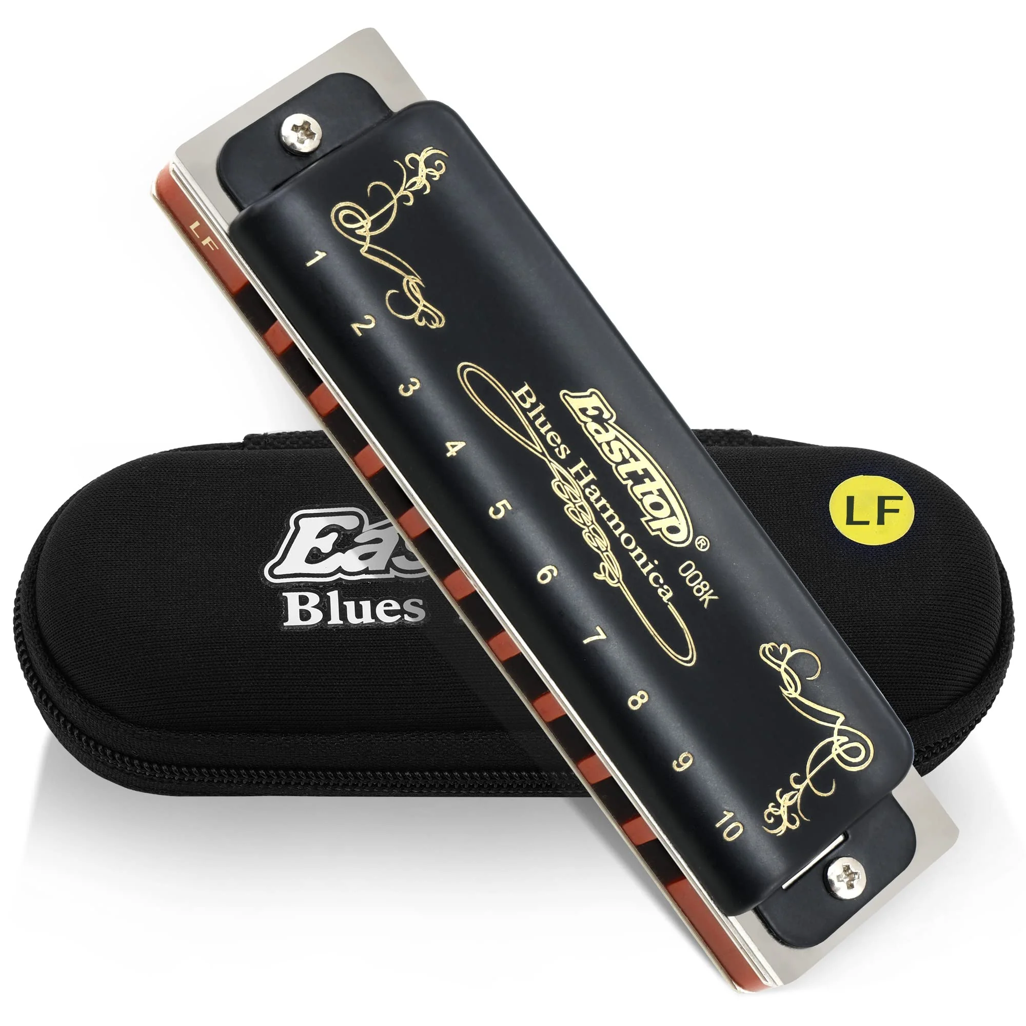 East top 10 Holes Diatonic Blues Harmonica for Beginners and Professional Players with a Black Case (Key of LOW F)