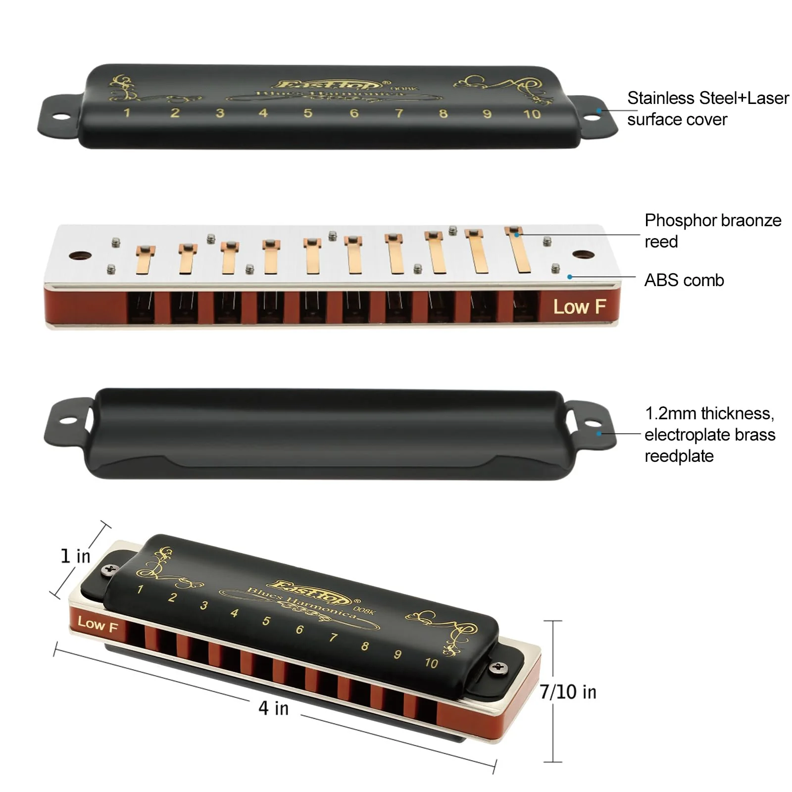 East top 10 Holes Diatonic Blues Harmonica for Beginners and Professional Players with a Black Case (Key of LOW F) - Image 4