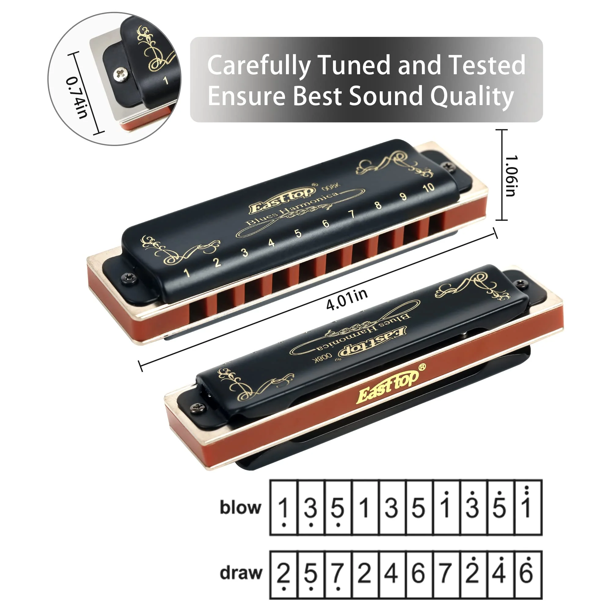 East top 10 Holes Diatonic Blues Harmonica for Beginners and Professional Players with a Black Case (Key of LOW F) - Image 5