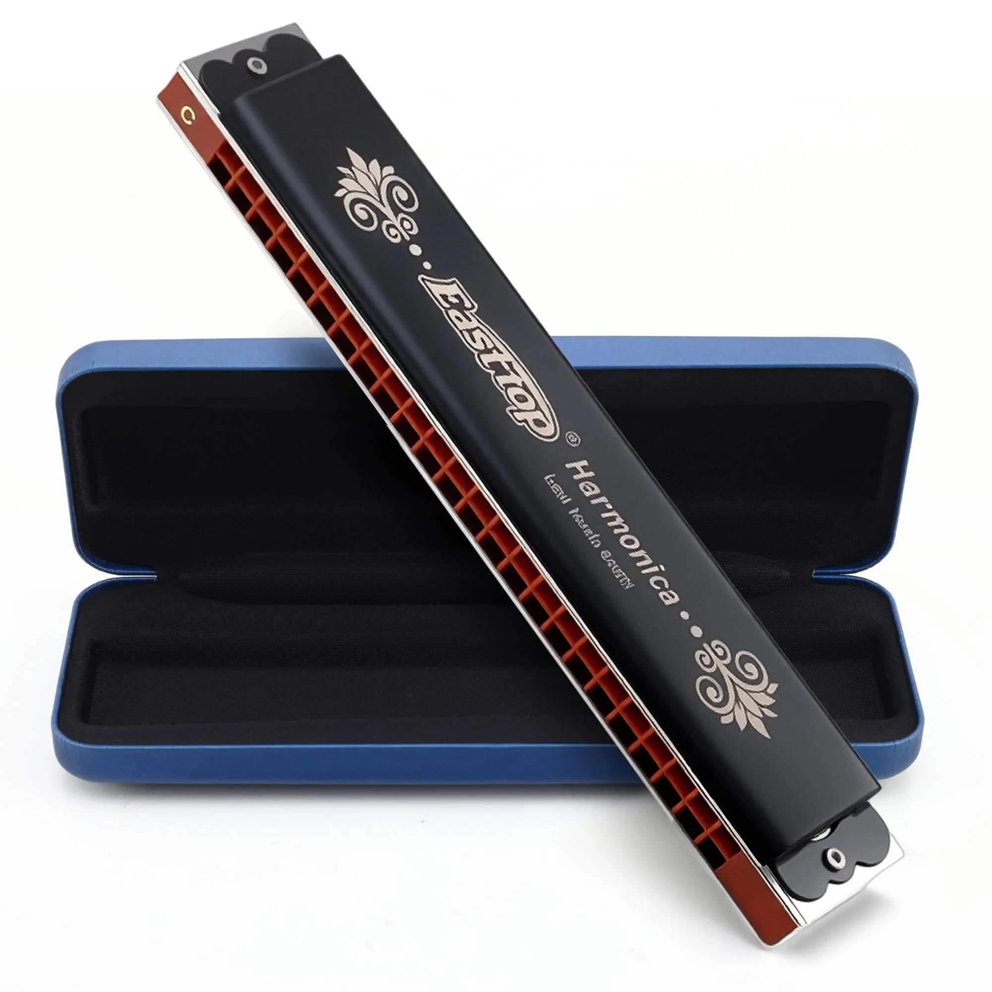 East top 24 Holes Tremolo Harmonica Key of C, Tremolo Mouth Organ Harmonica for Adults, Professionals and Students (T2406K-C) black