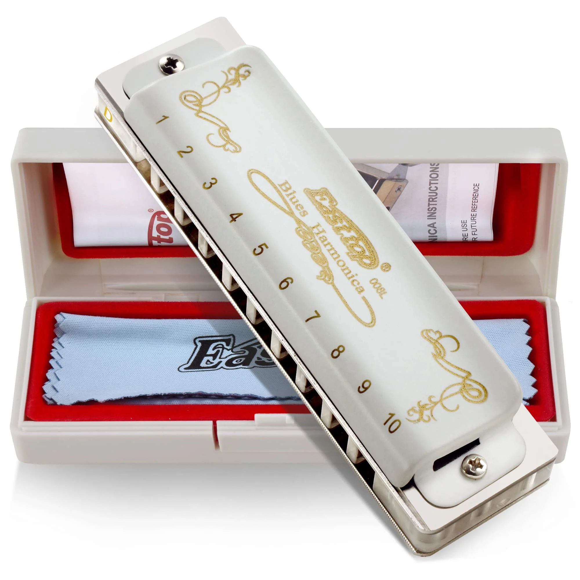 East top Blues Harmonica, 10 Holes 20 Tones Diatonic Blues Mouth Organ Harmonica Key of D with White Cover, T008L Harmonica for Adults, Professionals and Students white-D