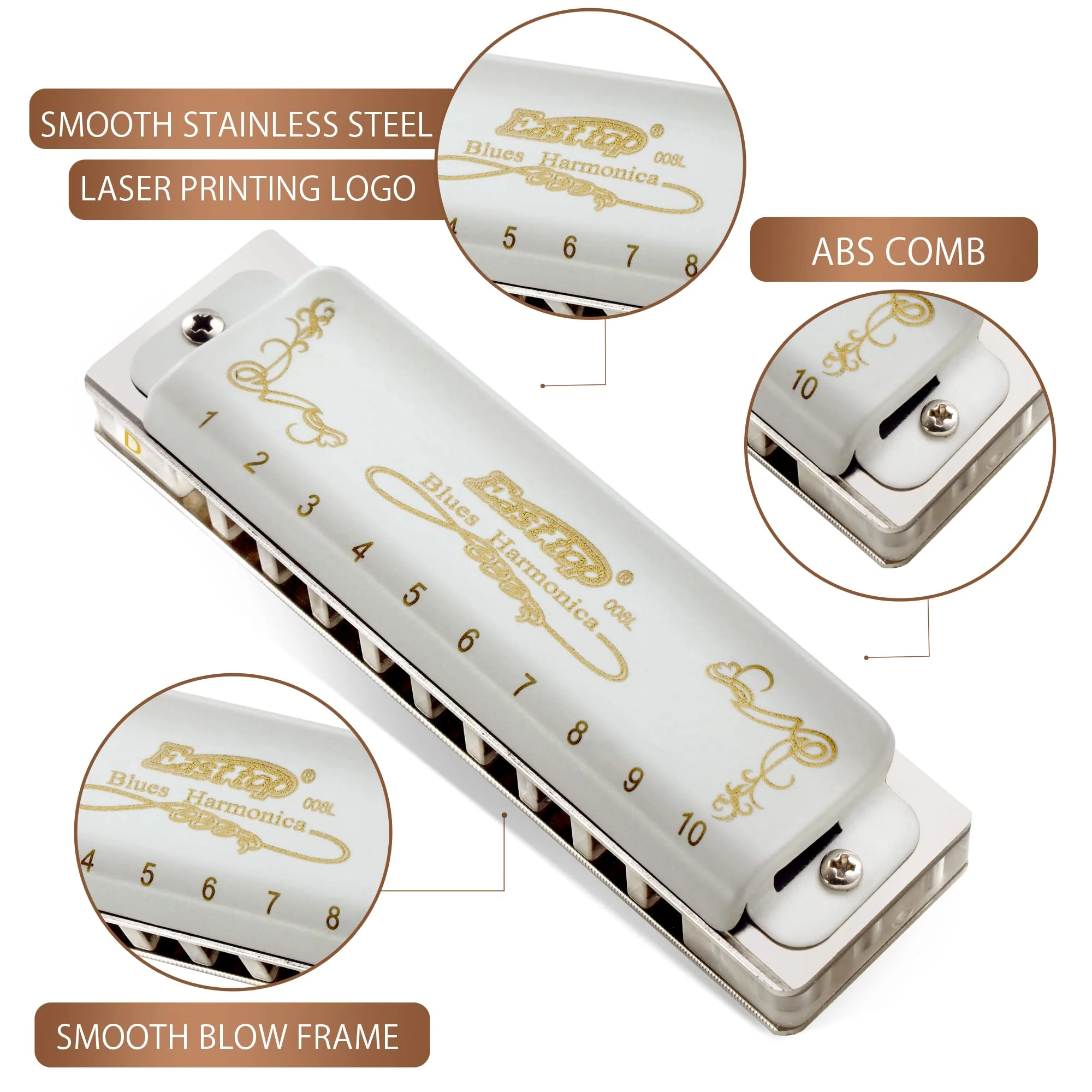 East top Blues Harmonica, 10 Holes 20 Tones Diatonic Blues Mouth Organ Harmonica Key of D with White Cover, T008L Harmonica for Adults, Professionals and Students white-D - Image 2