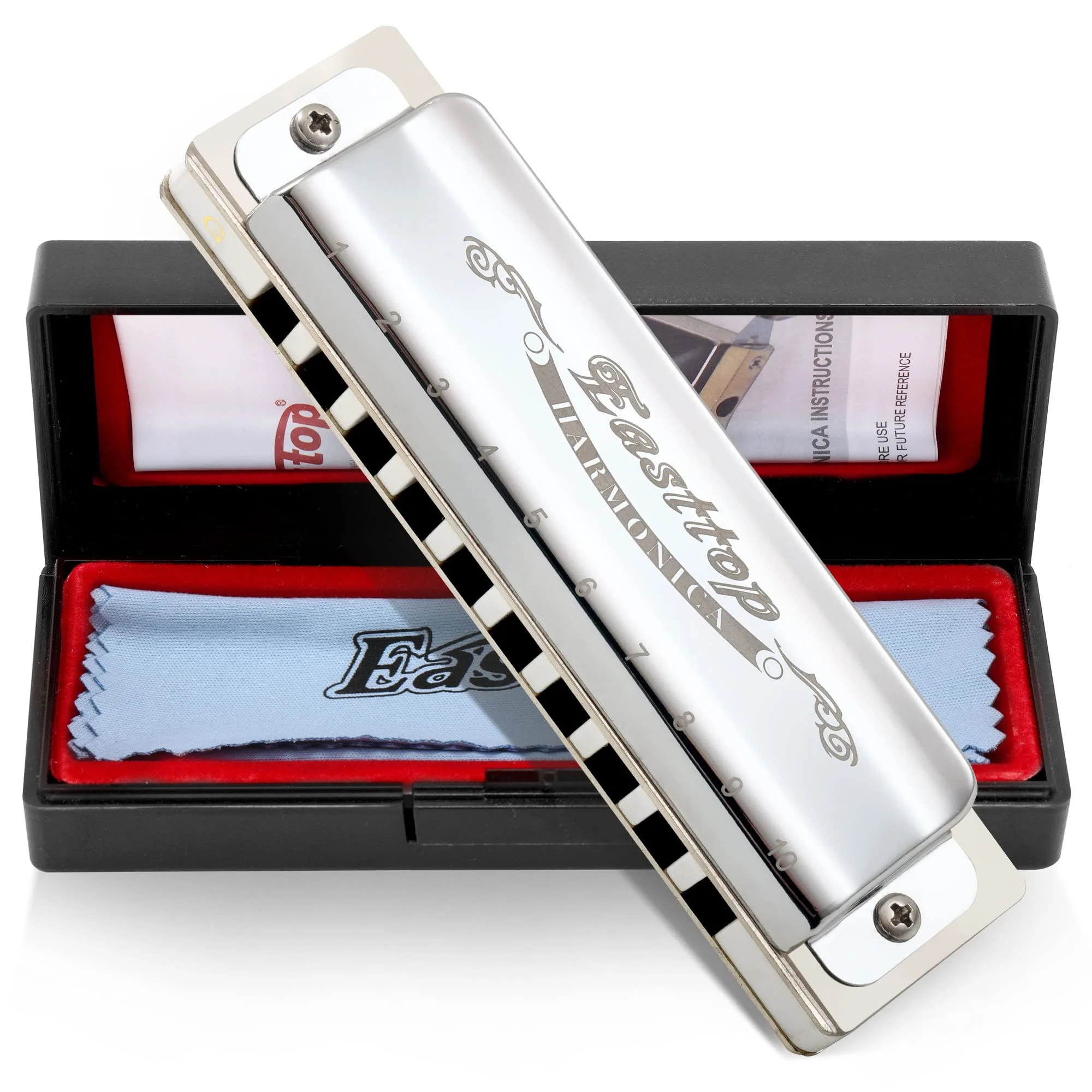 East top Diatonic Blues Harmonica 10 Holes Key of G Professional Diatonic Blues Mouth Organ T008, Silver Harmonica For Adults, Professional Player and Students