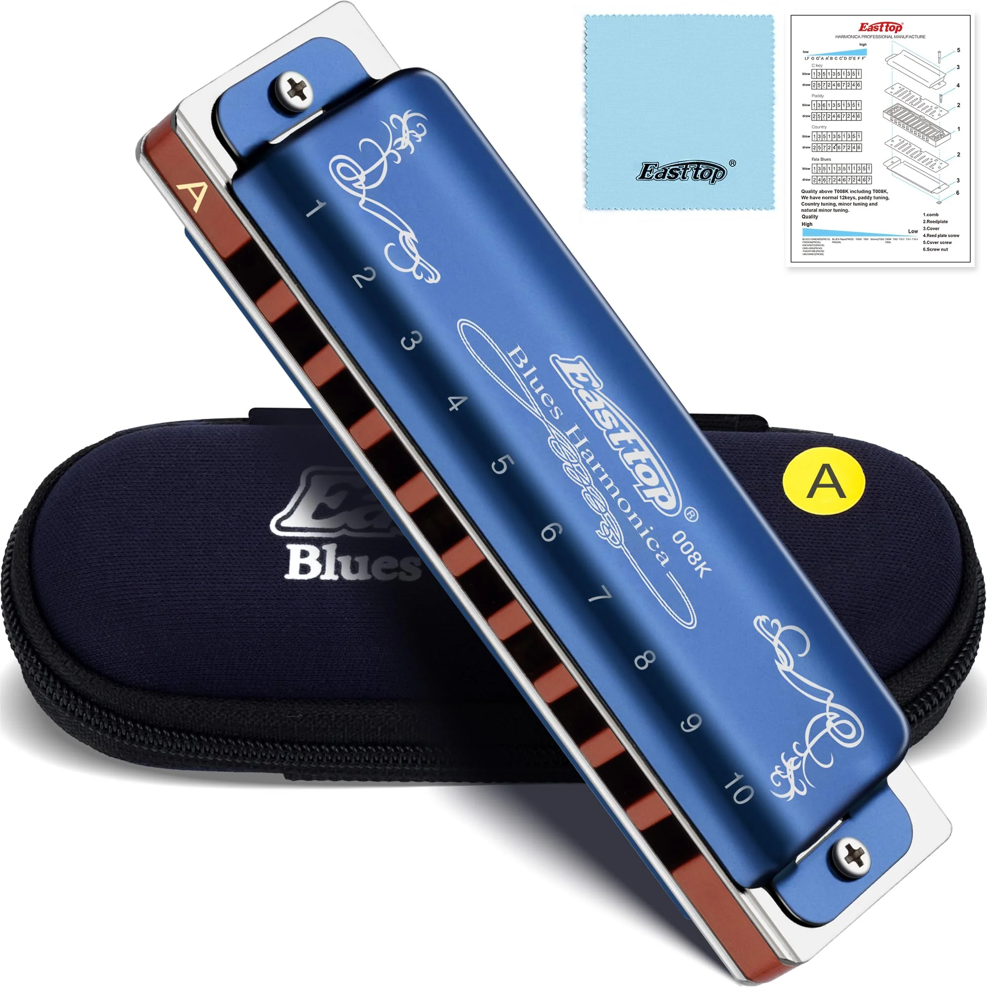 East top Diatonic Harmonica Key of A, 10 Holes 20 Tones 008K Diatonic Mouth Organ Harmonica with Blue Case,Standard Harmonica For Adults, Professionals and Students blue-A