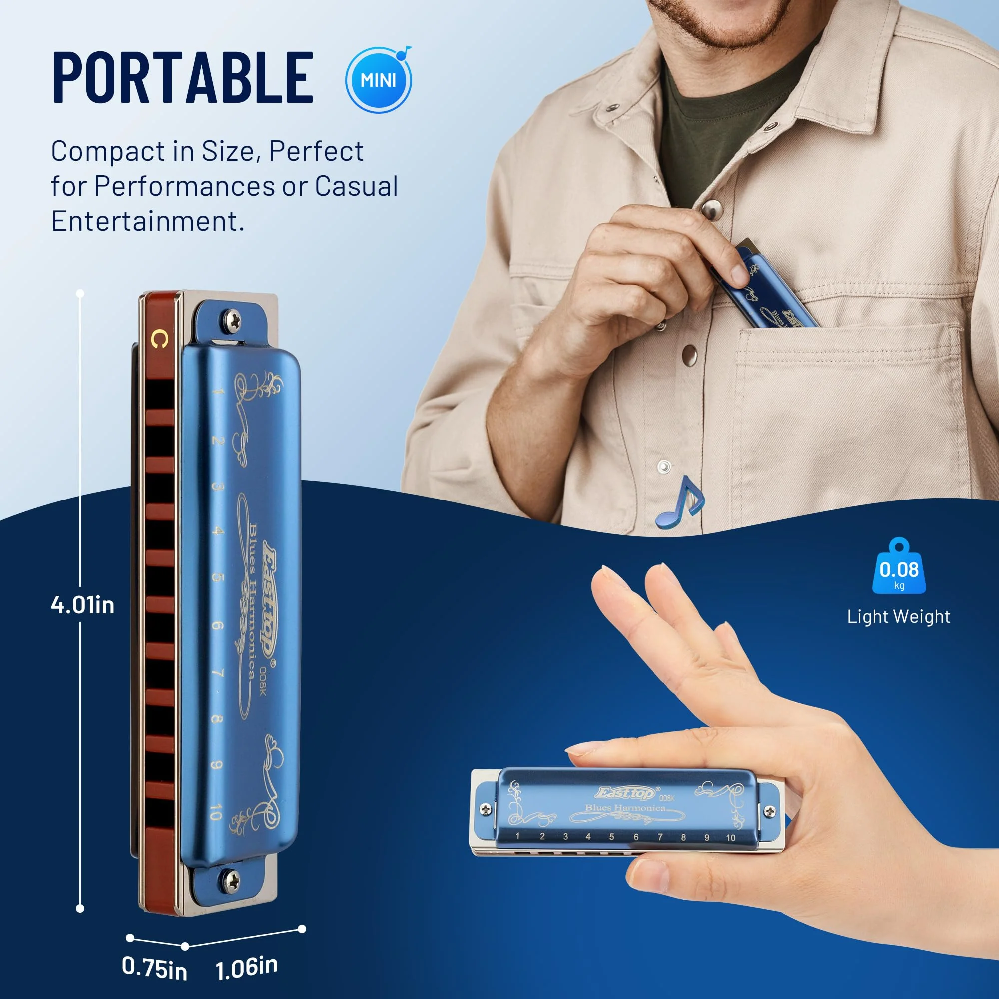 East top Diatonic Harmonica Key of A, 10 Holes 20 Tones 008K Diatonic Mouth Organ Harmonica with Blue Case,Standard Harmonica For Adults, Professionals and Students blue-A - Image 5