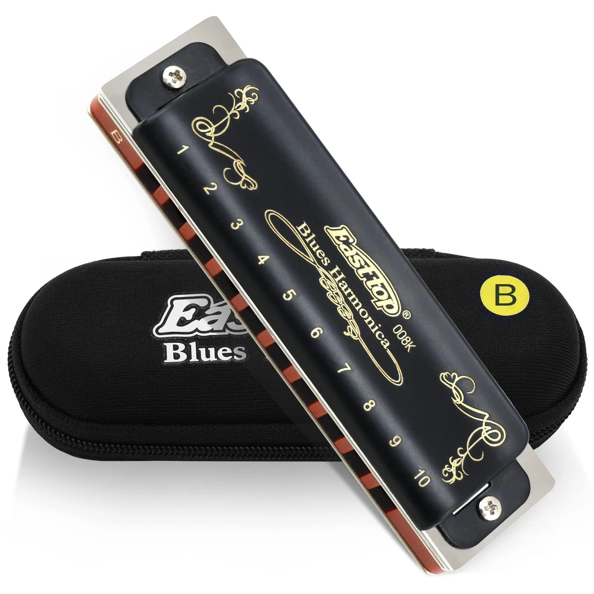 East top Diatonic Harmonica Key of B 10 Holes 20 Tones 008K Mouth Organ with Black Cover, Top Grade Harmonica for Adults, Professionals and Students