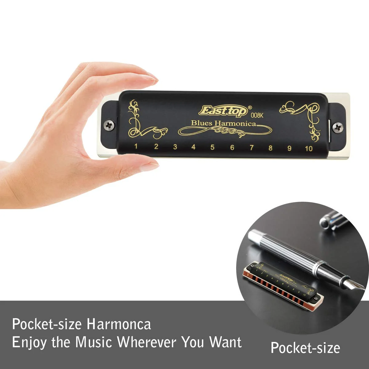 East top Diatonic Harmonica Key of D 10 Holes 20 Tones 008K Mouth Organ with Black Cover, Top Grade Harmonica for Adults, Professionals and Students Black-D - Image 4