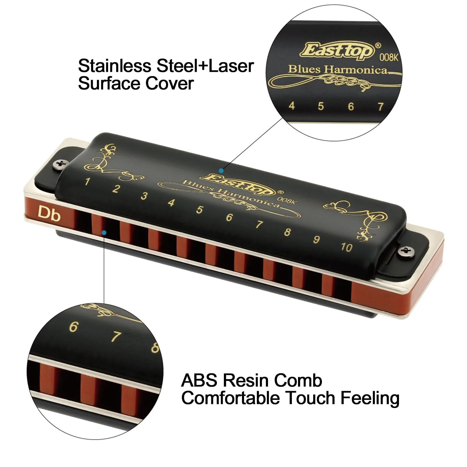 East top Diatonic Harmonica Key of Db 10 Holes 20 Tones 008K Blues Mouth Organ with Black Cover, Top Grade Harmonica for Adults, Professionals and Students - Image 2