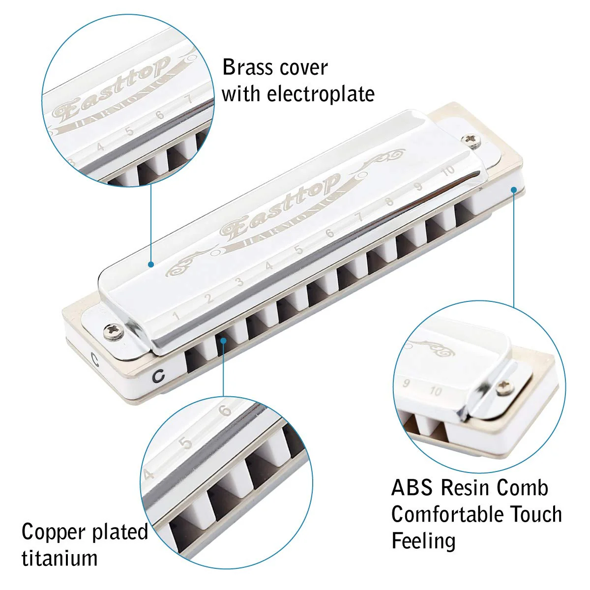 East top Harmonica, Diatonic Blues Harmonica Key of C, 10 Holes Diatonic Blues Mouth Organ T008, Silver Harmonica For Adults, Professional Player and Students - Image 2