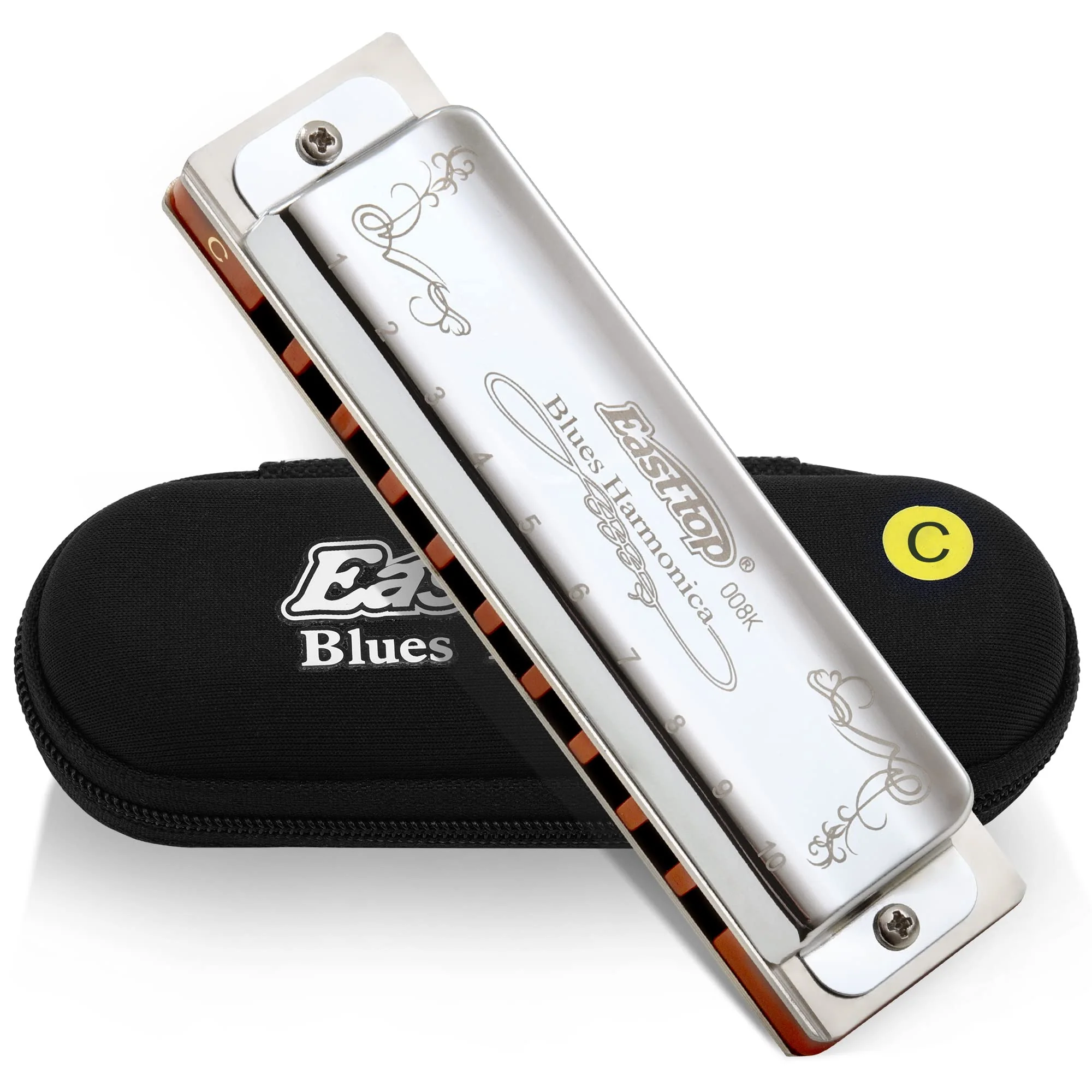 East top Harmonica Key of C 10 Holes 20 Tones 008K Blues Diatonic Mouth Organ with Silver Cover, Deluxe Harmonica C For Adults, Professionals and Students as gift silver-C