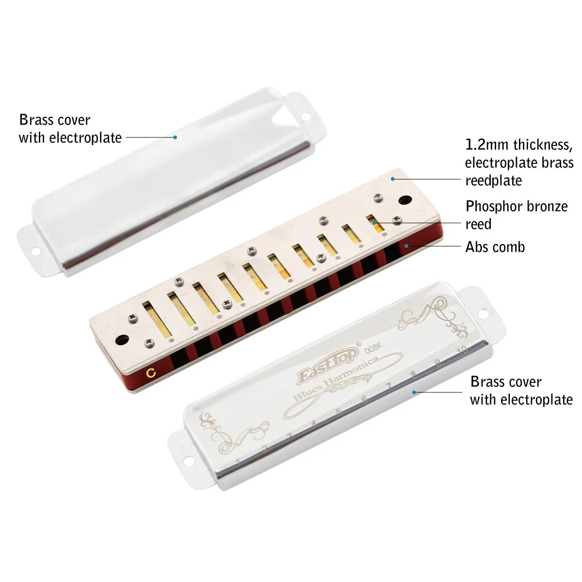 East top Harmonica Key of C 10 Holes 20 Tones 008K Blues Diatonic Mouth Organ with Silver Cover, Deluxe Harmonica C For Adults, Professionals and Students as gift silver-C - Image 3
