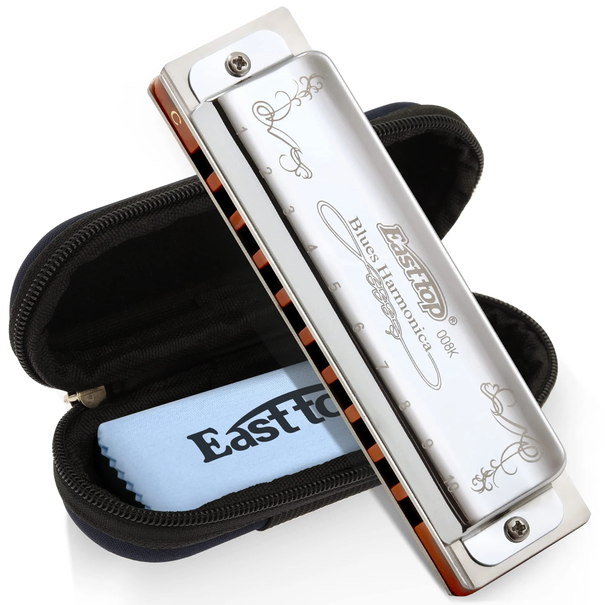 East top Harmonica Key of C 10 Holes 20 Tones 008K Blues Diatonic Mouth Organ with Silver Cover, Deluxe Harmonica C For Adults, Professionals and Students as gift silver-C - Image 5